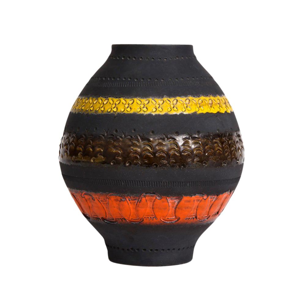 Bitossi for Raymor Vase, Ceramic, Matte Black, Yellow and Orange, Signed