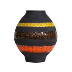 Bitossi for Raymor Vase, Ceramic, Matte Black, Yellow, Orange, Stripes, Signed