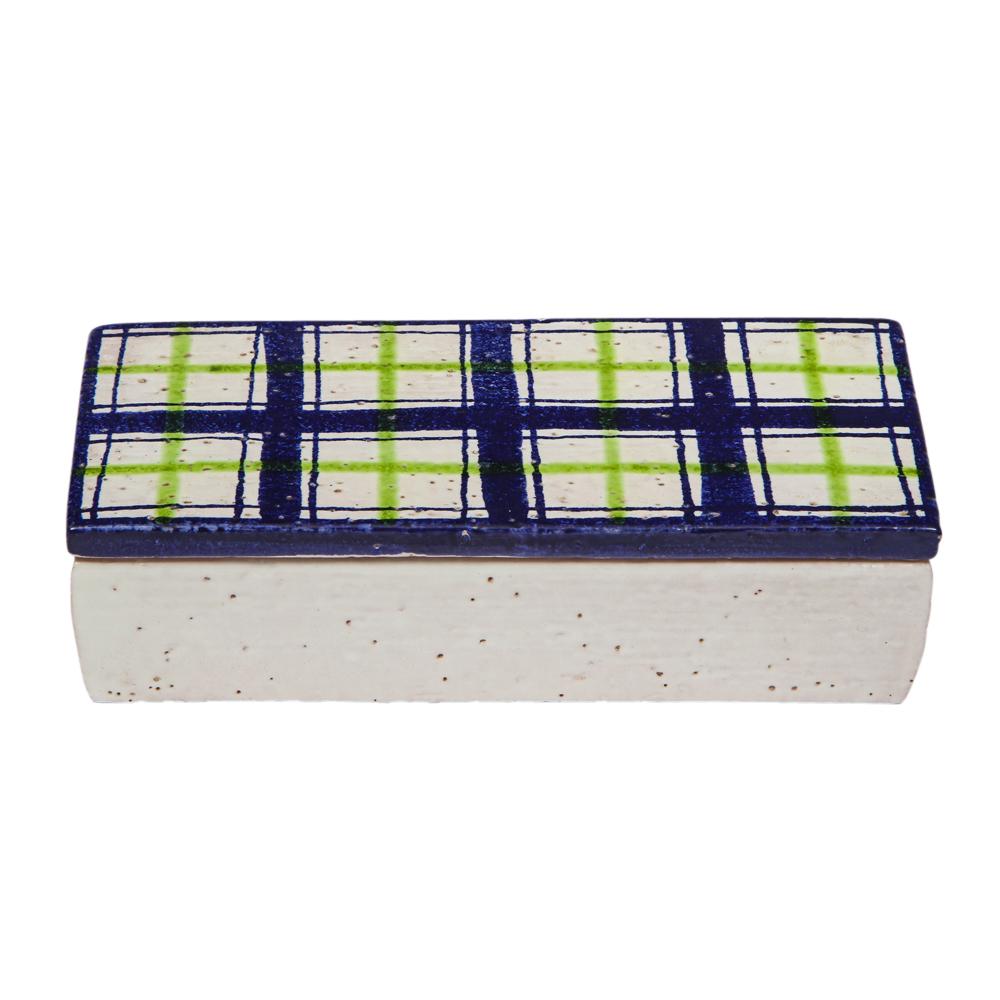 Bitossi for Rosenthal netter box, ceramic, navy blue, green, and white, plaid. Small scale lidded ceramic box with navy, white and green glazed top and white glazed bottom. Tiny glaze miss on edge of one side of the lid. Minute wear to inner box