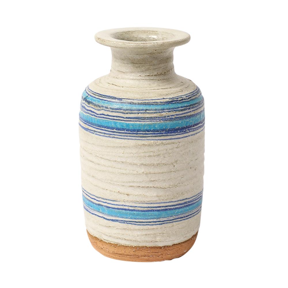 Bitossi for Rosenthal Netter Pietra Vase, Ceramic, Blue, White. Small scale bottle form vase from Bitossi's Pietra (Stone) decor series. The blue and white glazed body is decorated with deep relief carved ridges with a thin band of unglazed raw clay