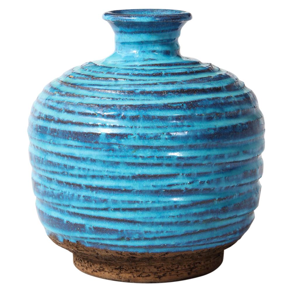 Bitossi for Rosenthal Netter Vase, Ceramic, Blue, Brown, Ribbed