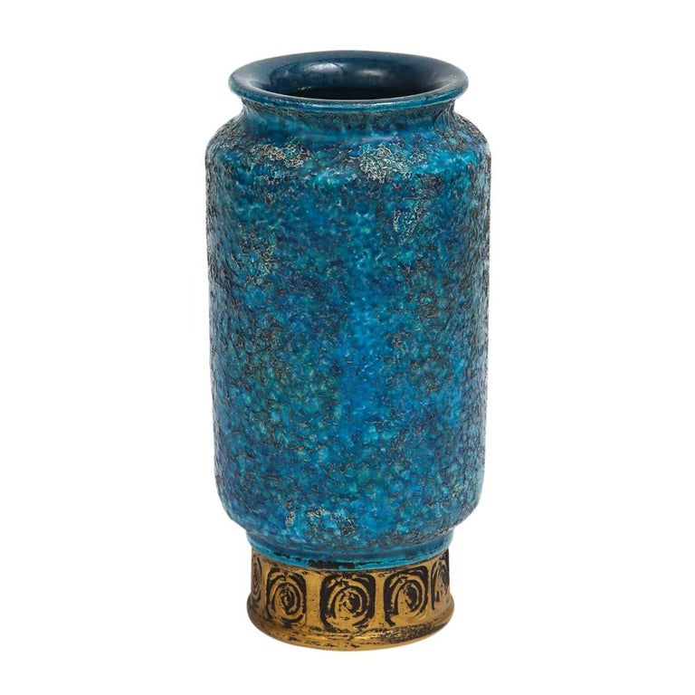 Bitossi for Rosenthal Netter Vase, Ceramic, Blue, Gold, Cinese, Signed In Good Condition For Sale In New York, NY