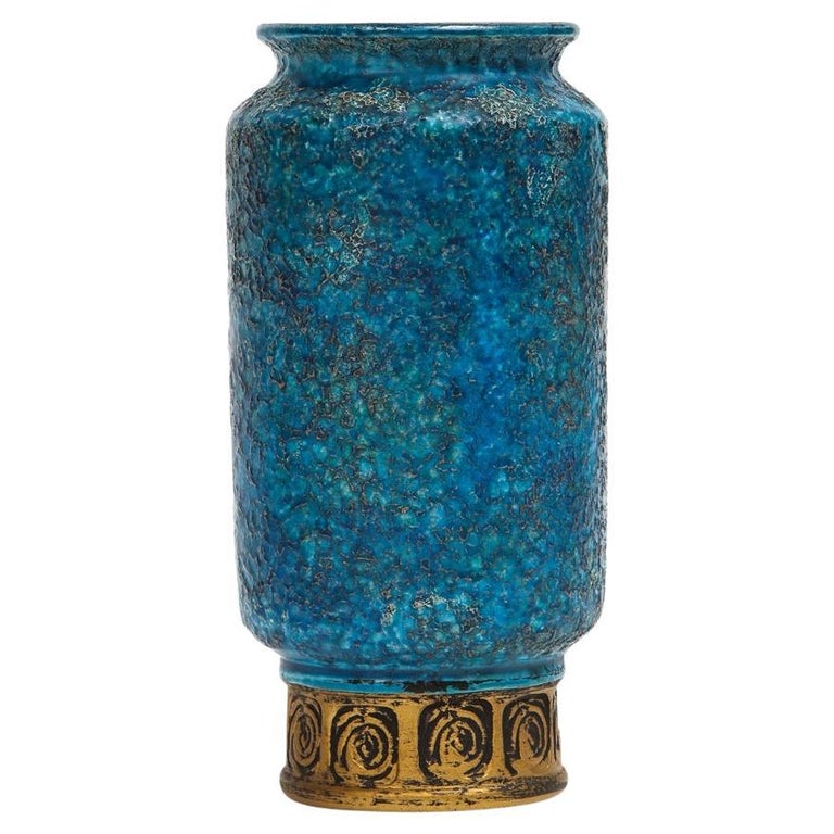 Bitossi for Rosenthal Netter Vase, Ceramic, Blue, Gold, Cinese, Signed For Sale