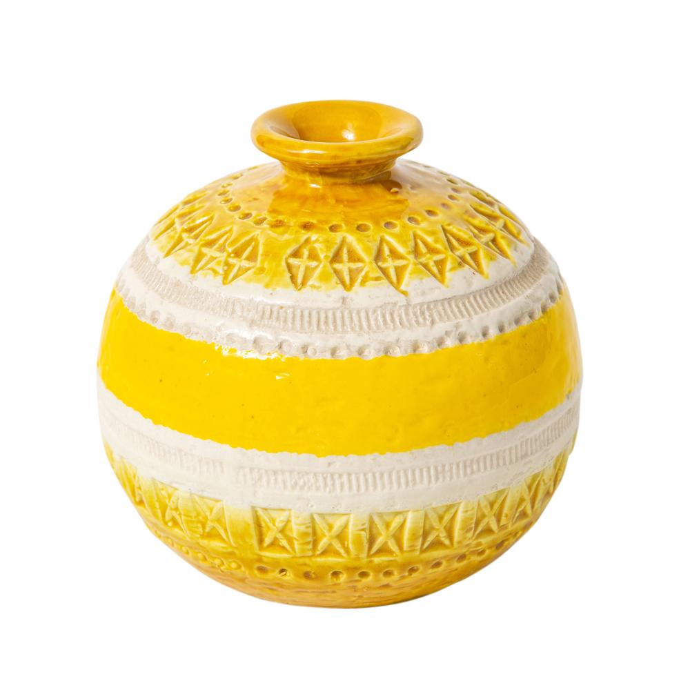 Bitossi for Rosenthal Netter vase, ceramic, yellow, white, geometric Small scale ball form vase with glazed bands of white and yellow which are decorated with hand tooled impressed geometric patterns.