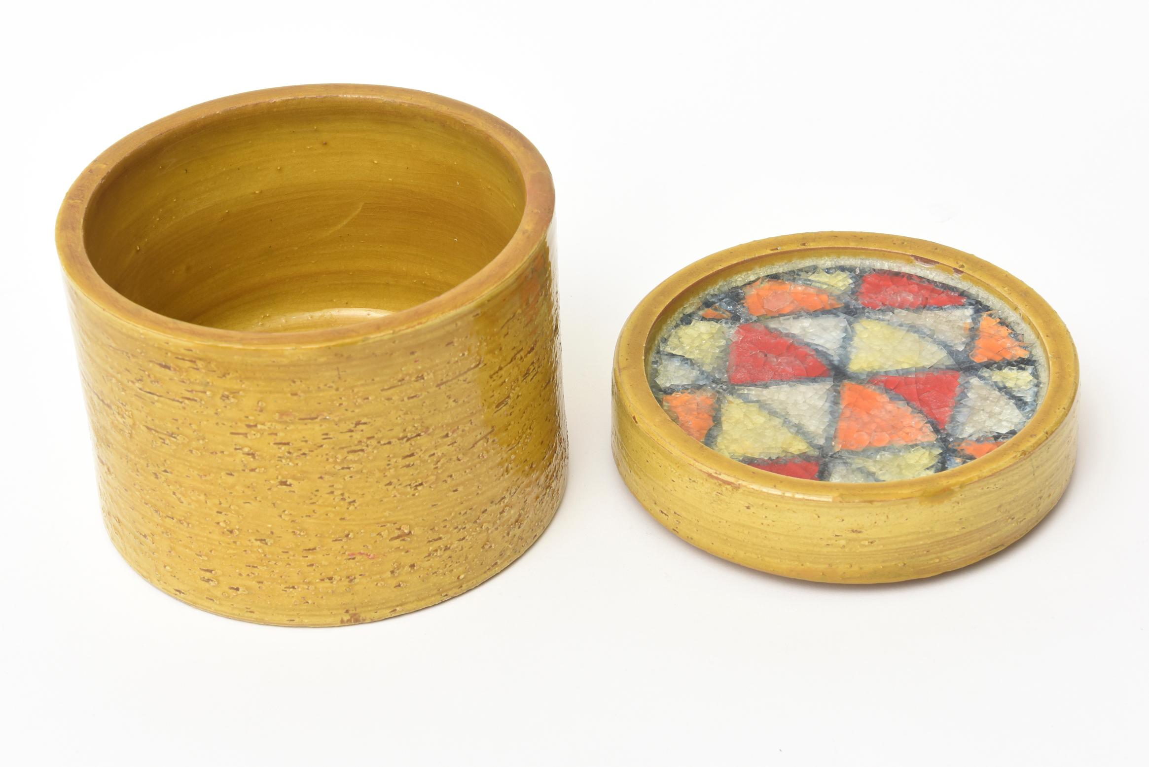 Mid-Century Modern Bitossi Glazed Mustard Ceramic Lidded Box with Fused Glass Mosaic Top Vintage