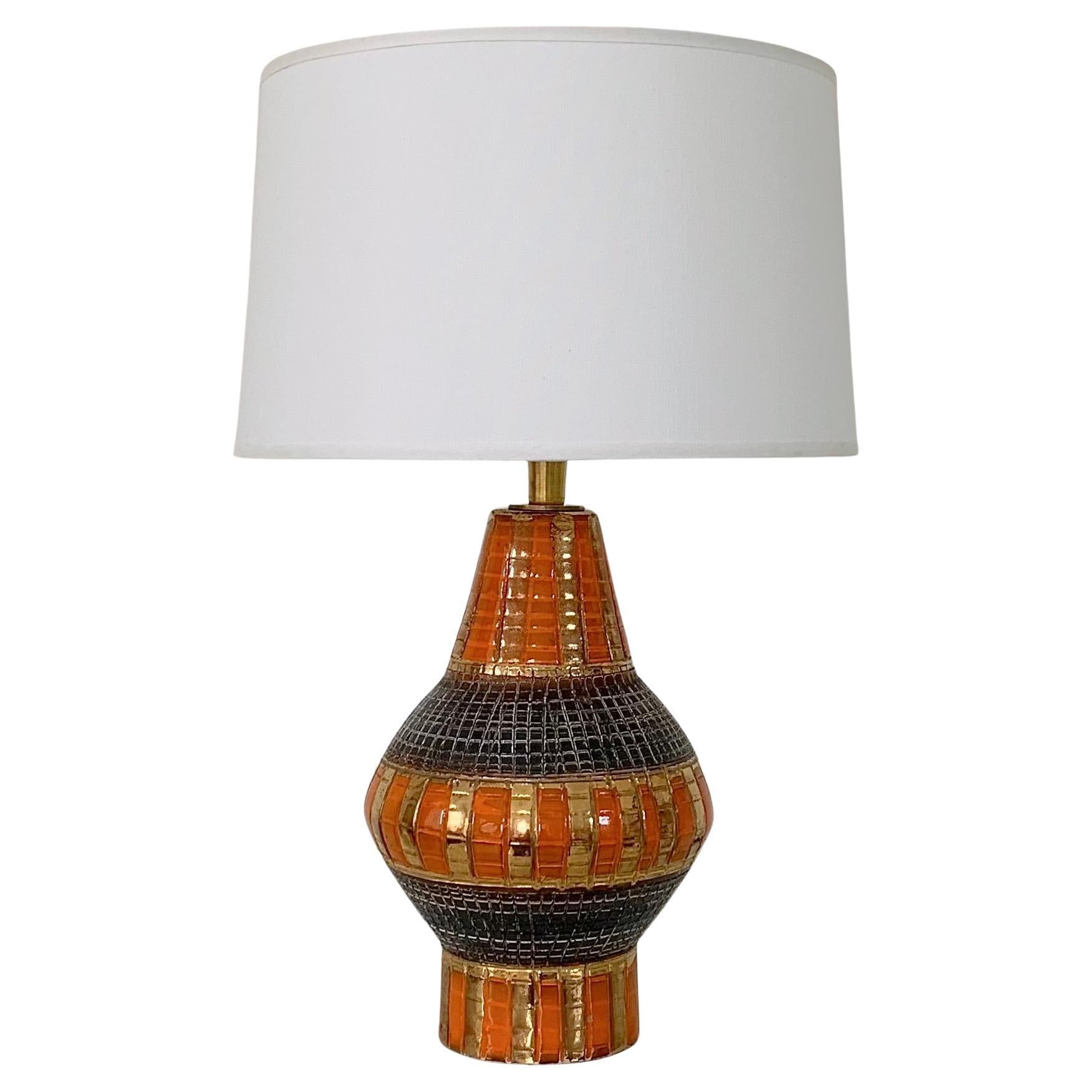 Bitossi Gold and Orange Ceramic Table Lamp, circa 1970, Italy.
