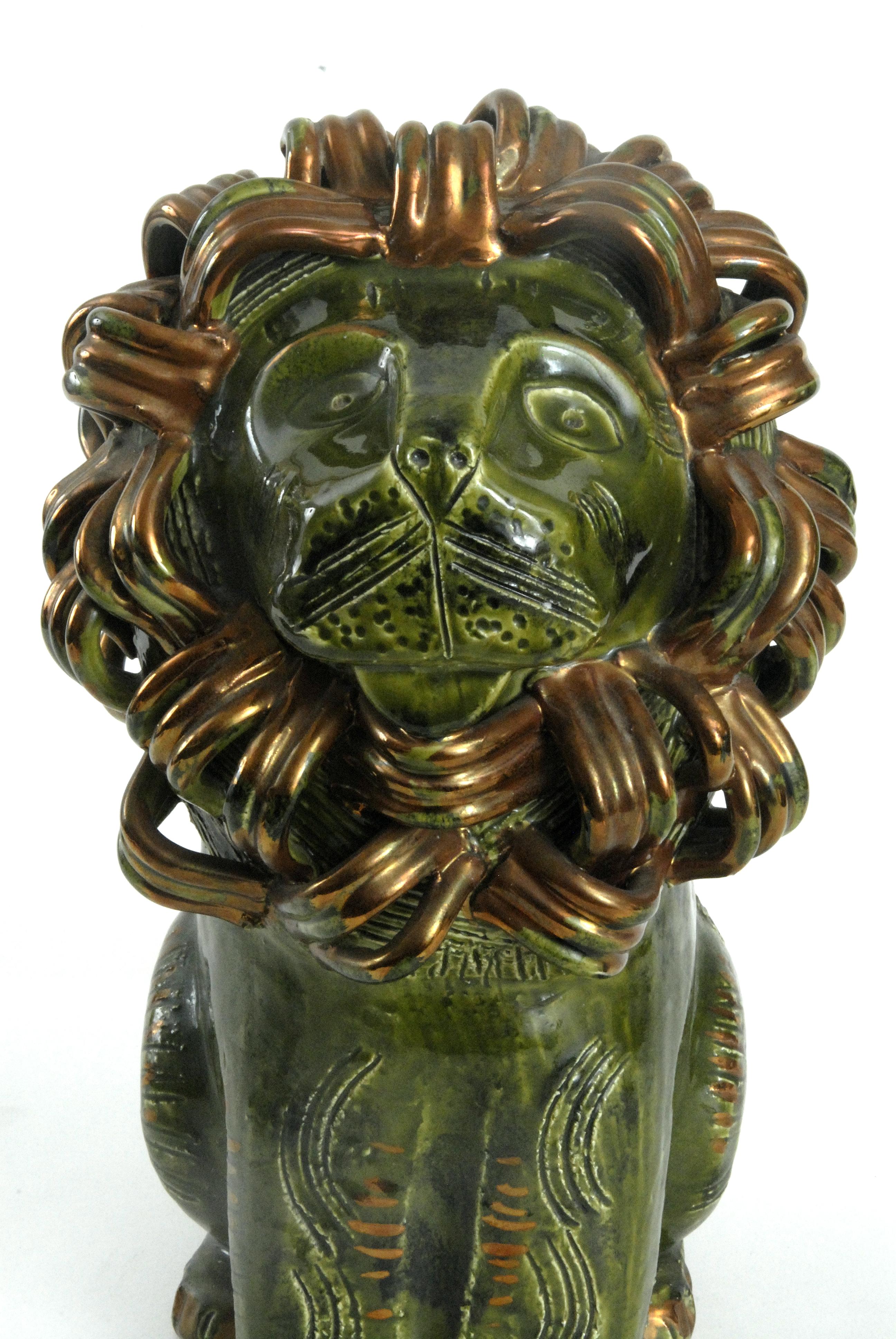 Bitossi Green and Gold Sitting Lion Aldo Londi, Italy, circa 1968 2