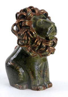 Bitossi Green and Gold Sitting Lion Aldo Londi, Italy, circa 1968