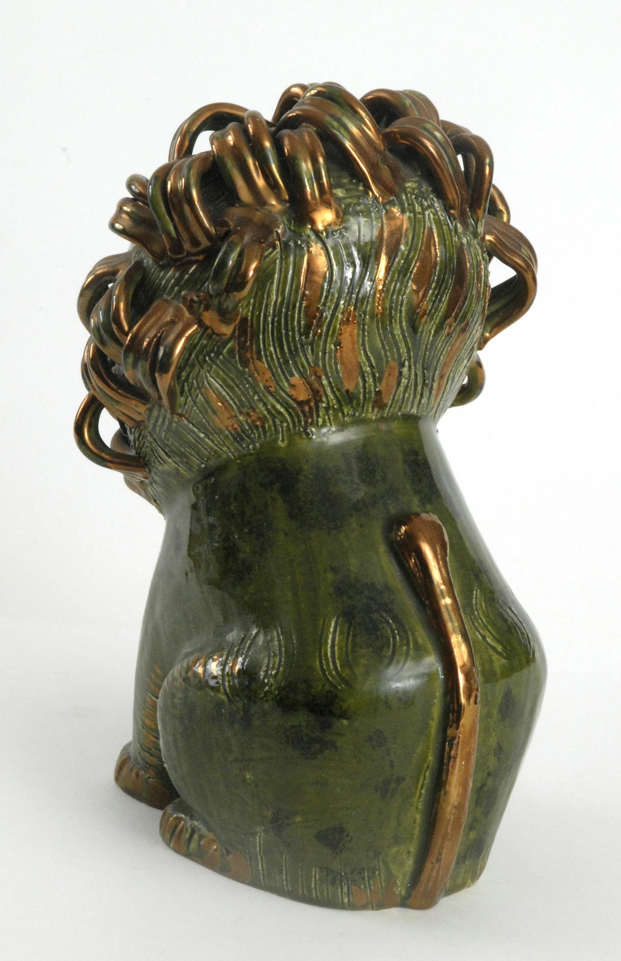 Mid-Century Modern Bitossi Green and Gold Sitting Lion Aldo Londi, Italy, circa 1968