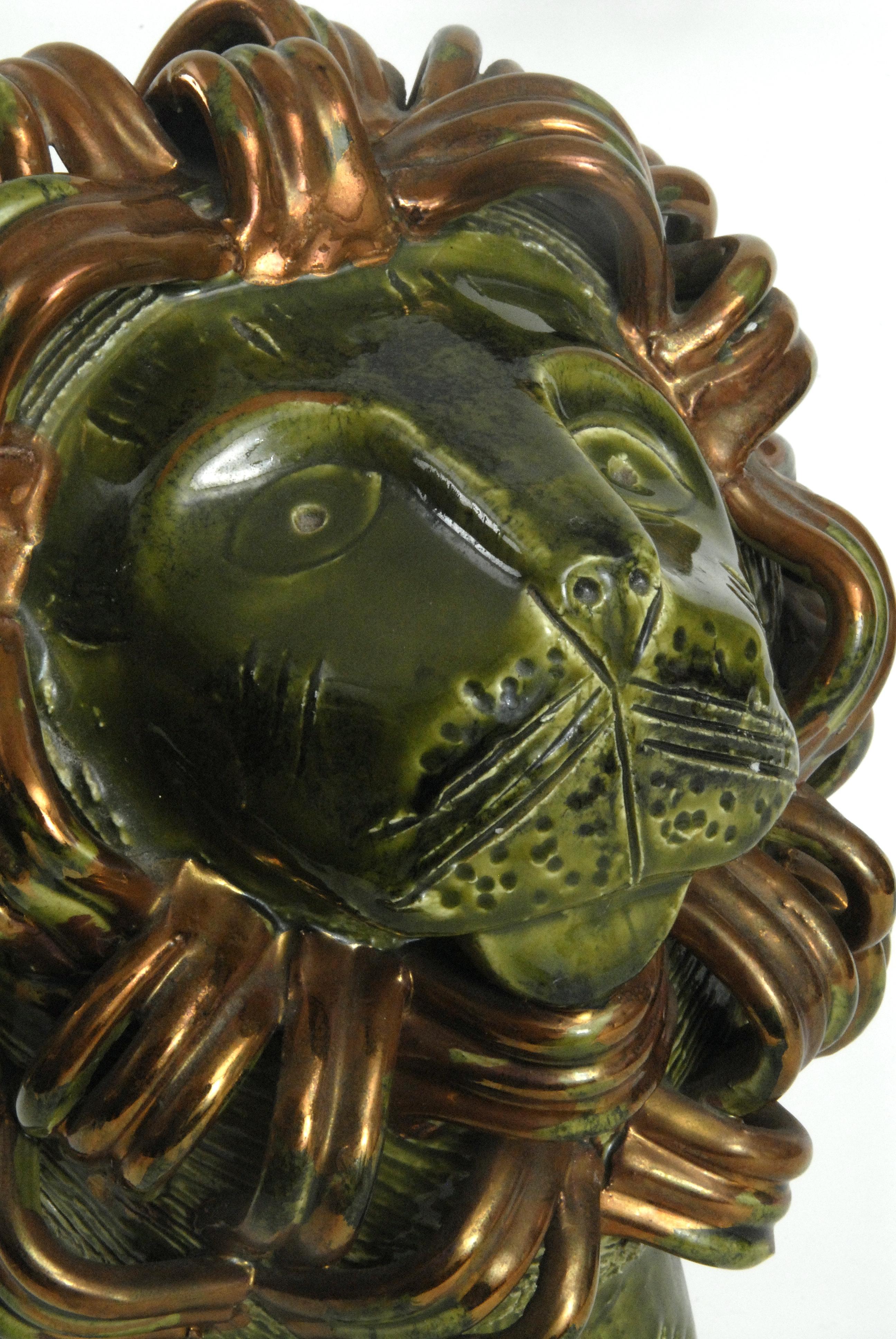 Bitossi Green and Gold Sitting Lion Aldo Londi, Italy, circa 1968 In Good Condition In Pymble, NSW