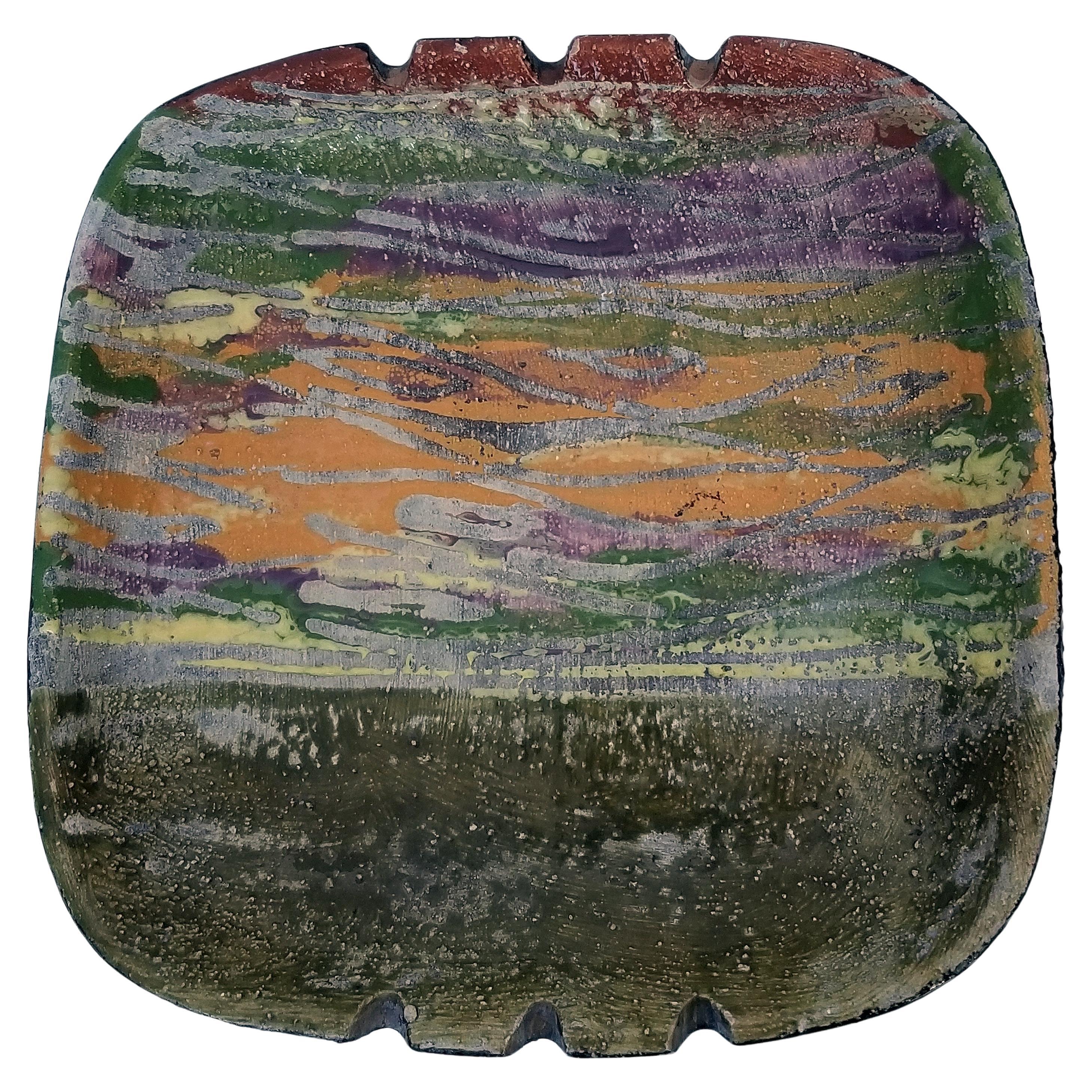 American Bitossi Green and Purple Ceramic Catchall Ashtray for Raymor For Sale