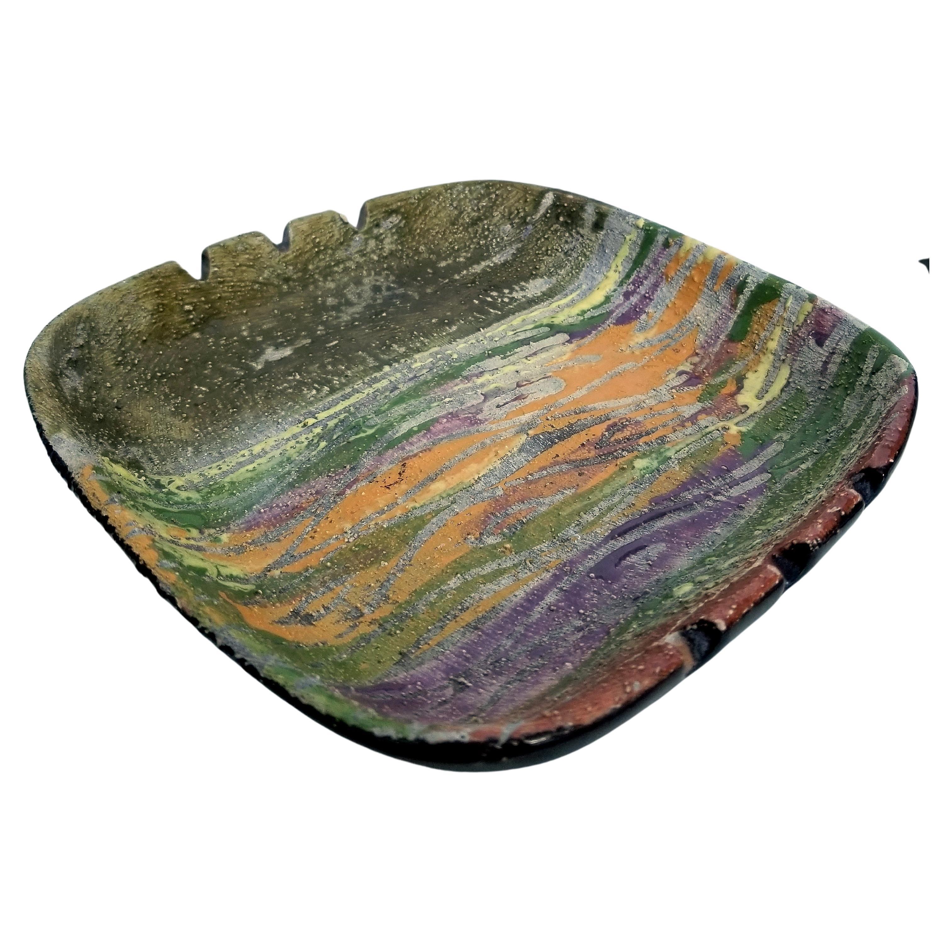 Hand-Crafted Bitossi Green and Purple Ceramic Catchall Ashtray for Raymor For Sale