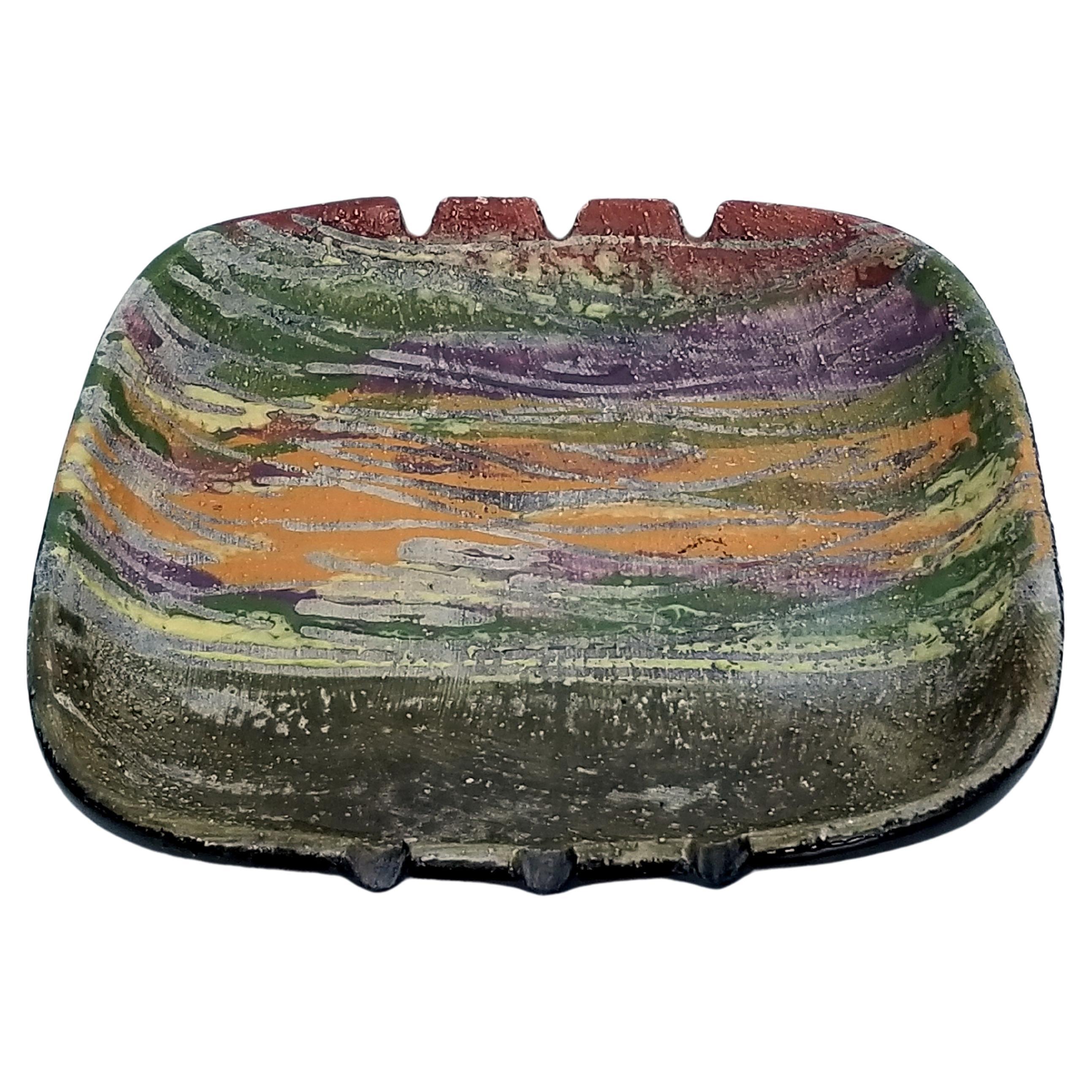 Bitossi Green and Purple Ceramic Catchall Ashtray for Raymor For Sale