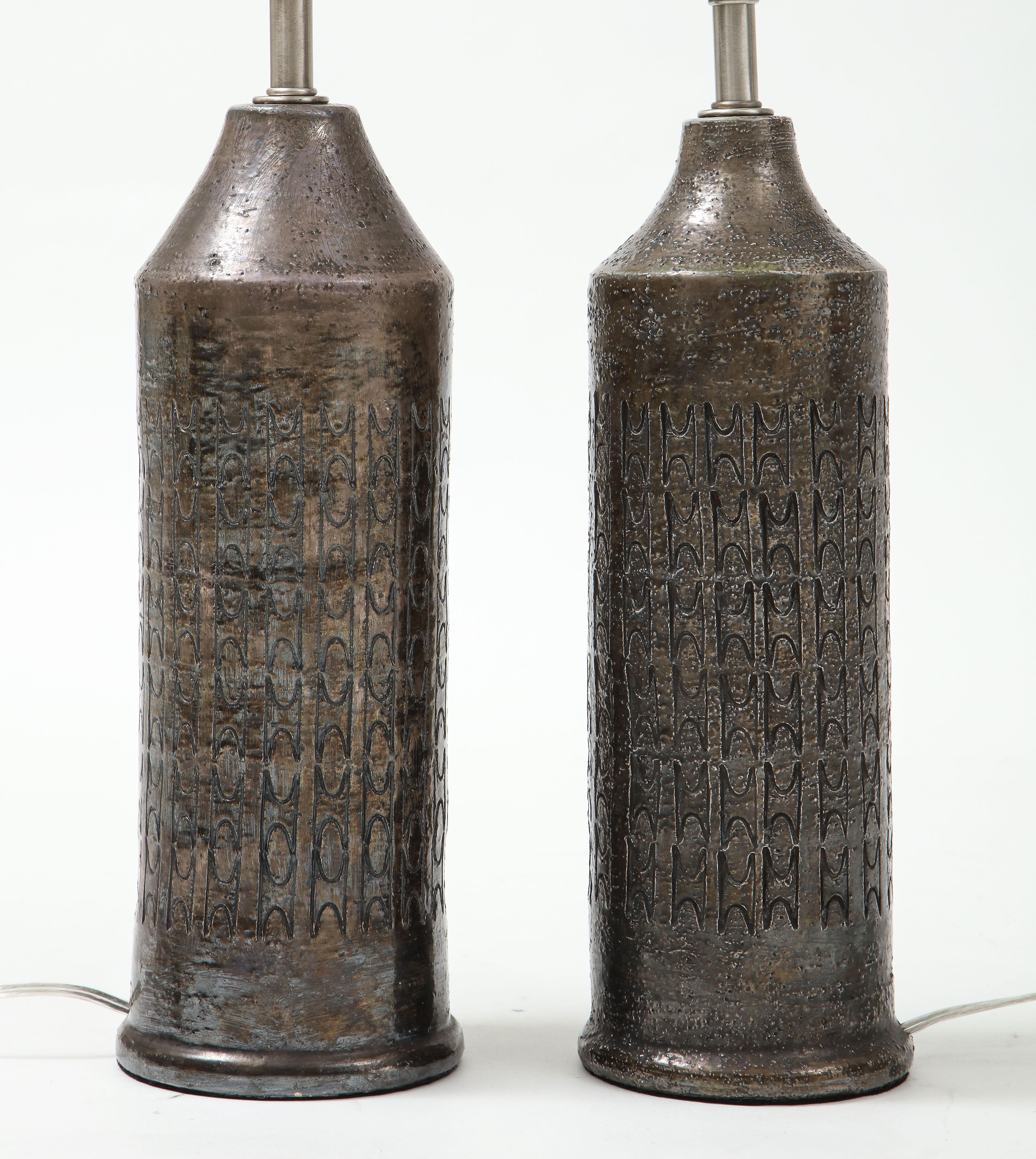 Mid-Century Modern Bitossi Gunmetal Glazed, Incised Ceramic Lamps