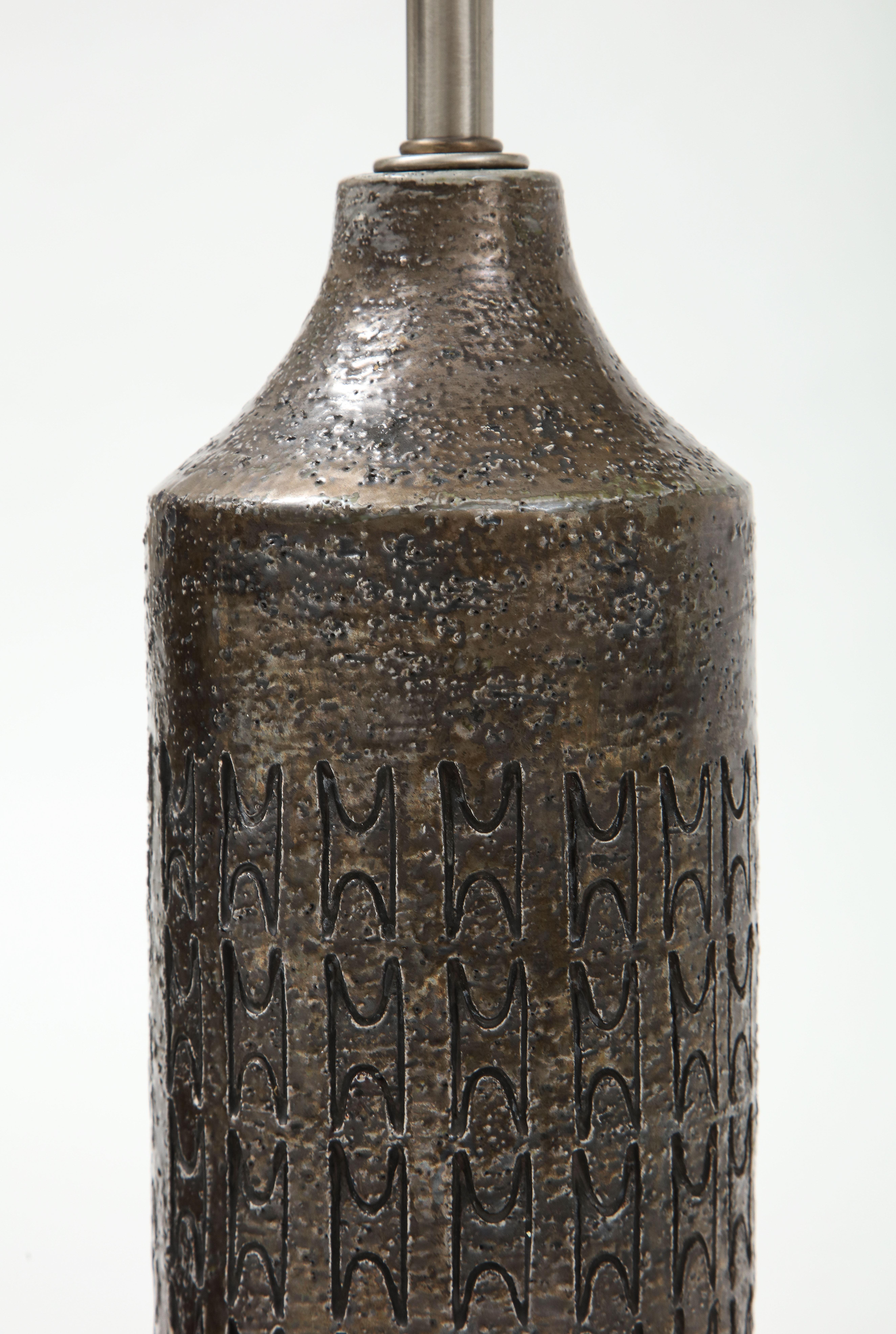 20th Century Bitossi Gunmetal Glazed, Incised Ceramic Lamps