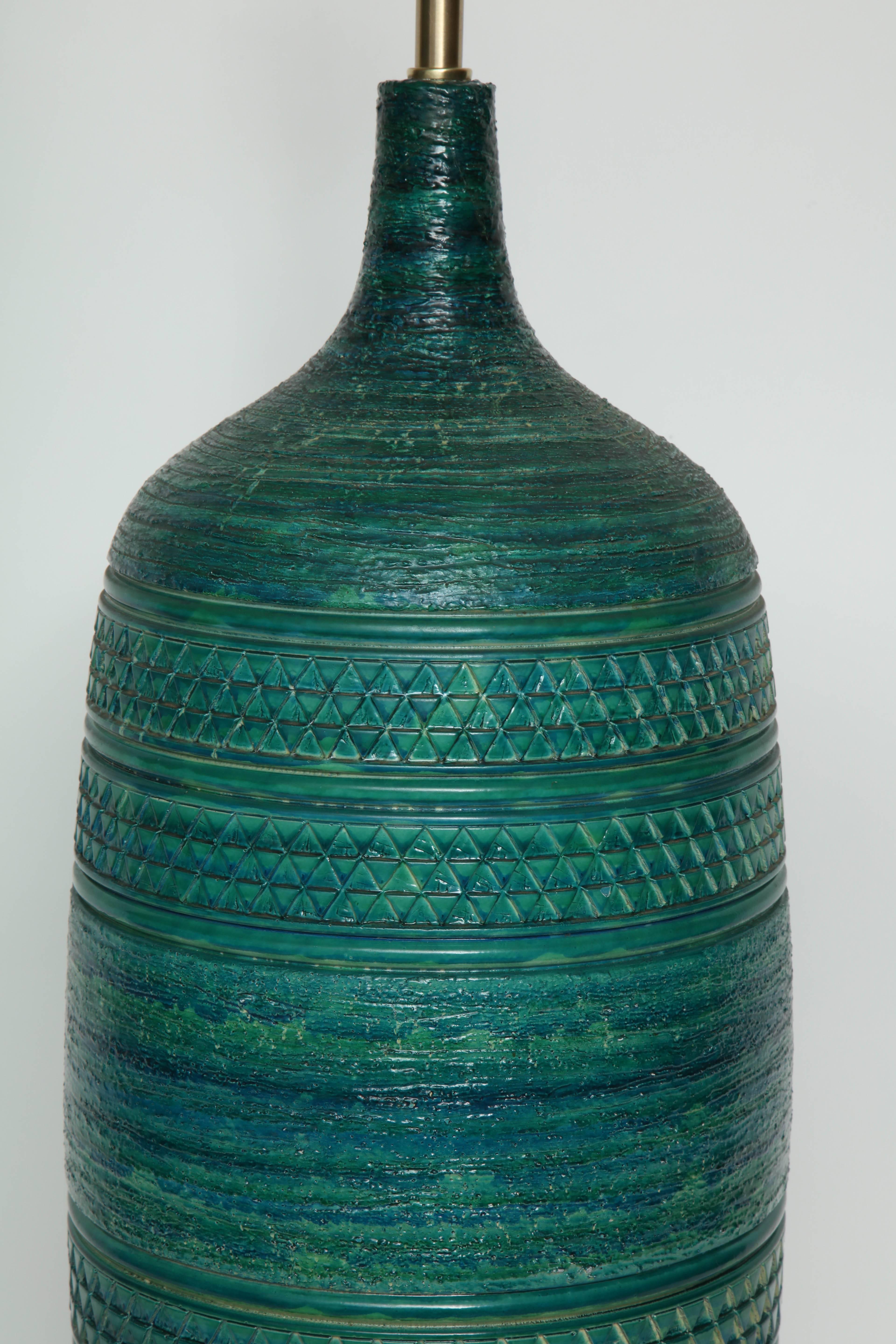 Mid-Century Modern Bitossi Incised Jade Green Ceramic Lamps