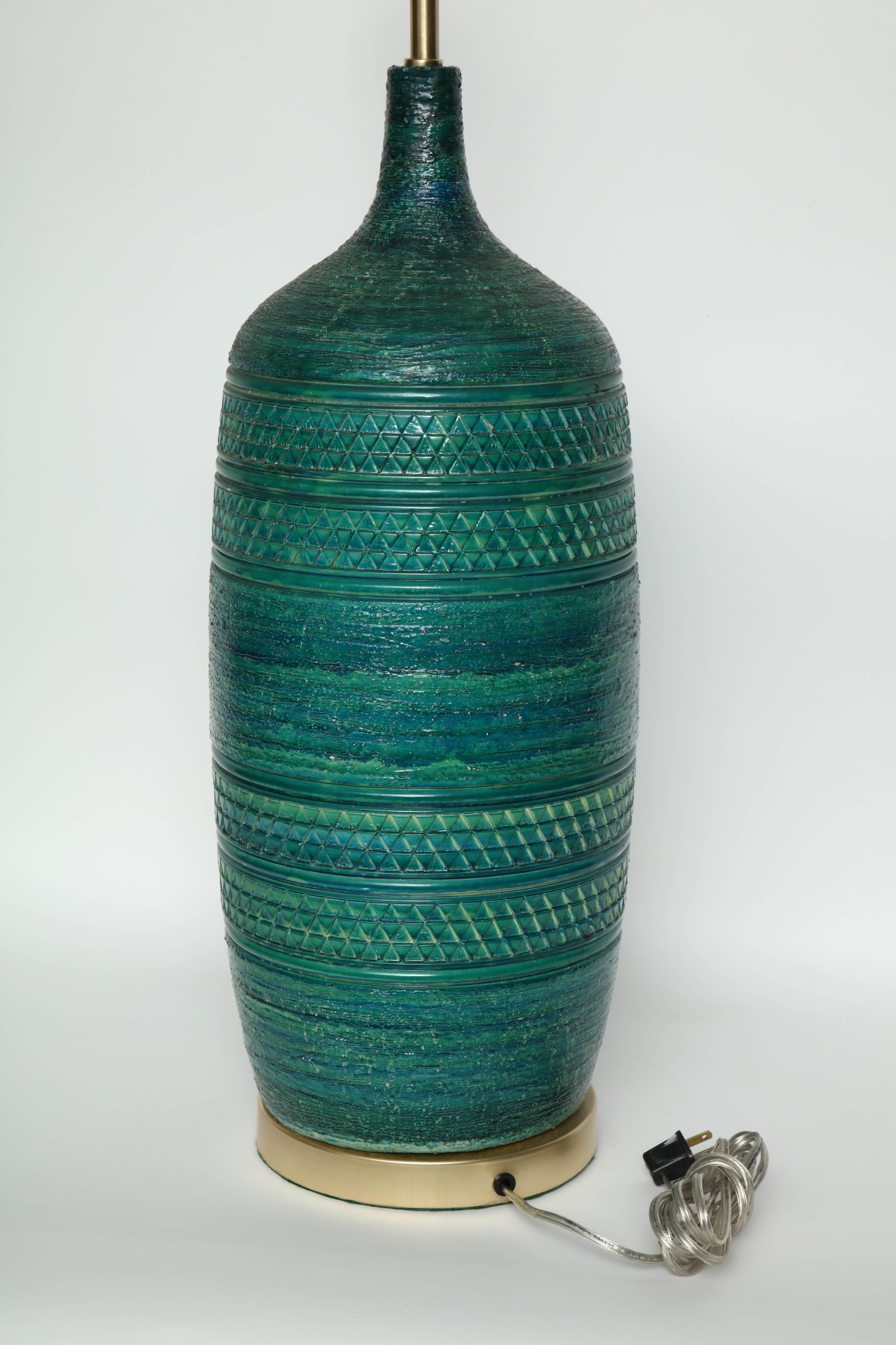 20th Century Bitossi Incised Jade Green Ceramic Lamps
