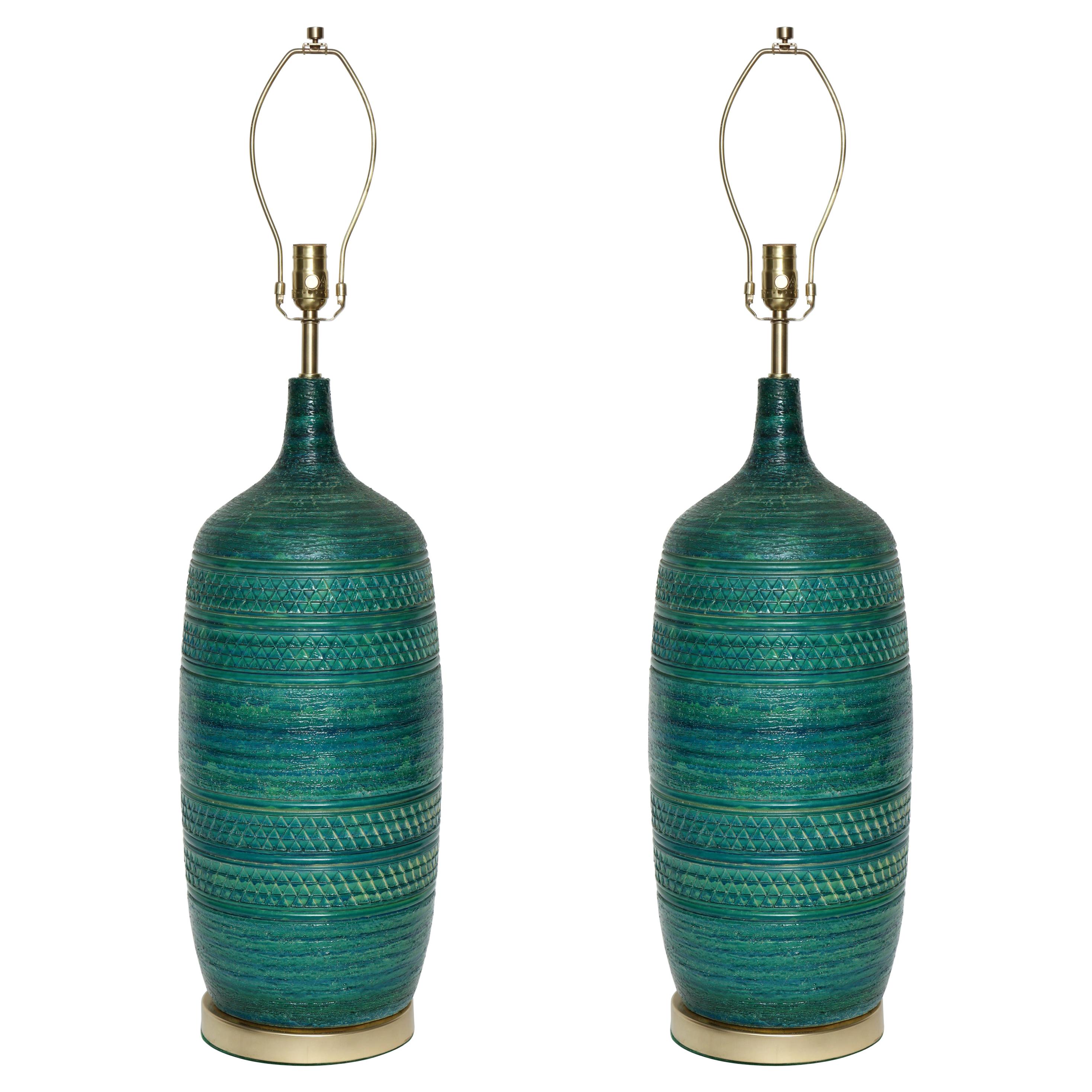 Bitossi Incised Jade Green Ceramic Lamps