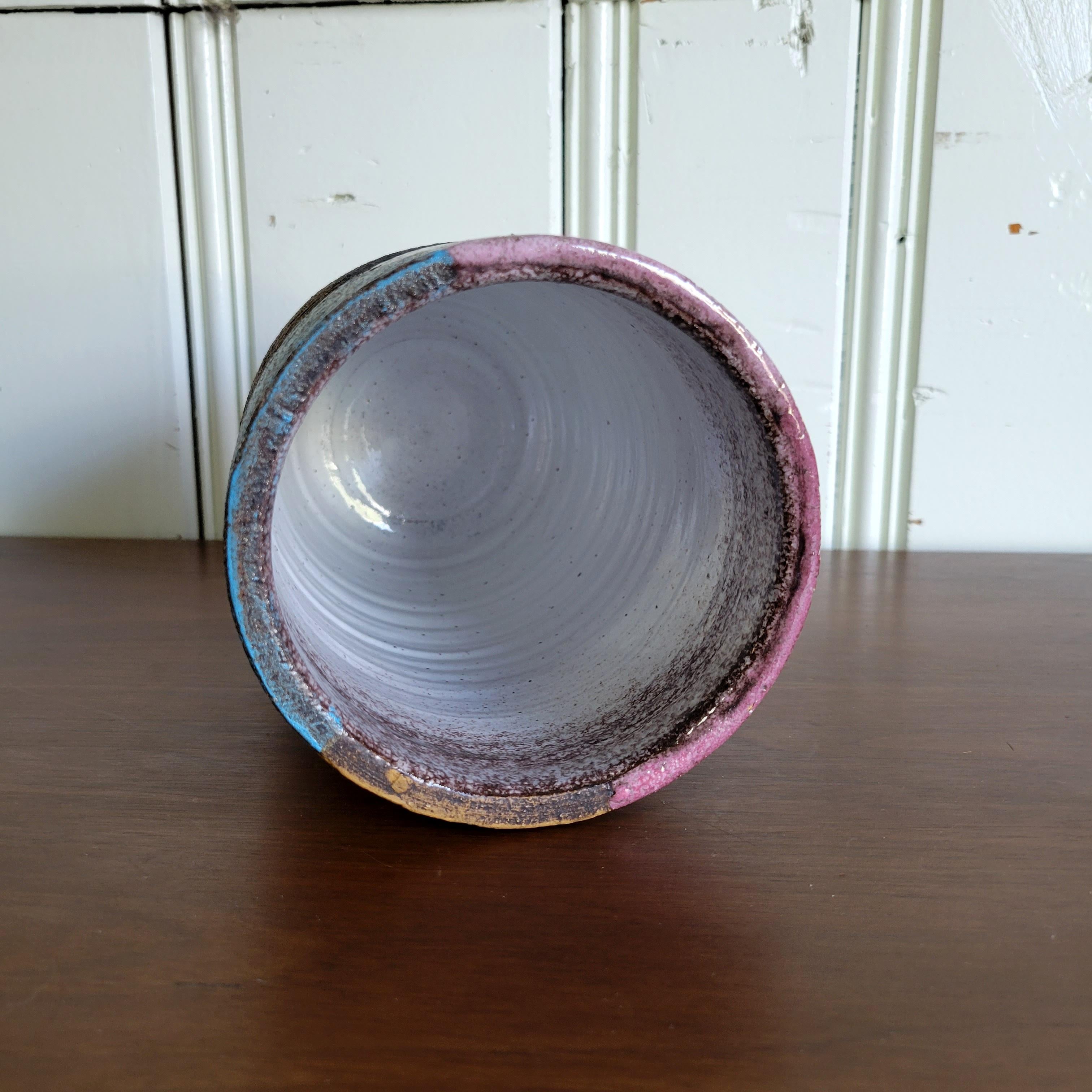 Mid-Century Modern Bitossi Italian Ceramic Vase Patchwork Pink Blue For Sale