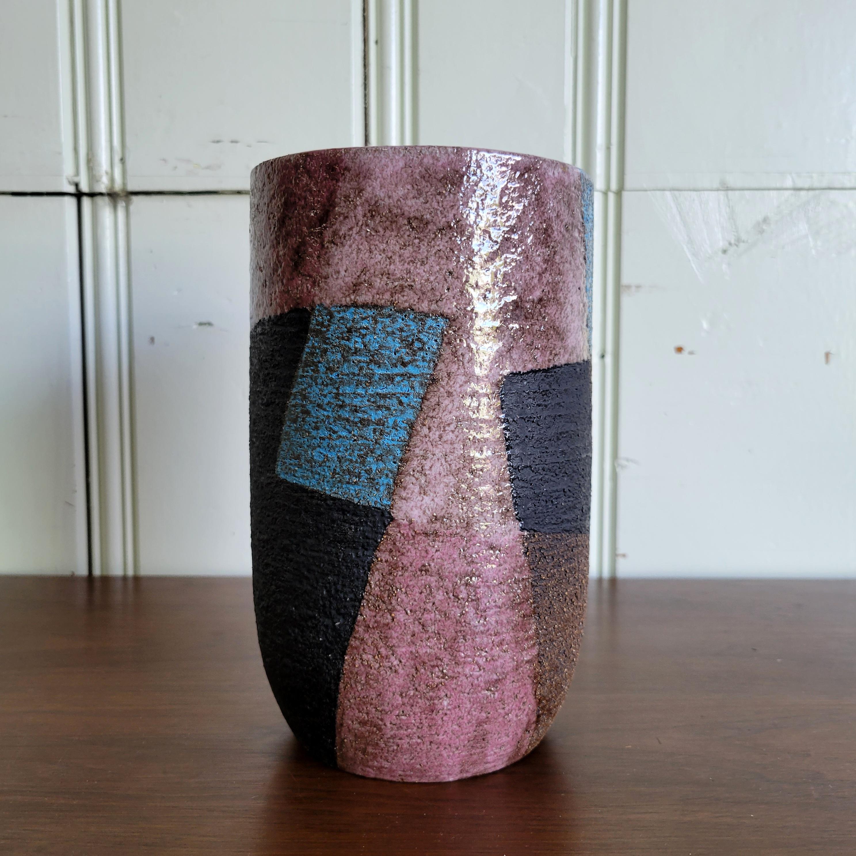Mid-20th Century Bitossi Italian Ceramic Vase Patchwork Pink Blue For Sale