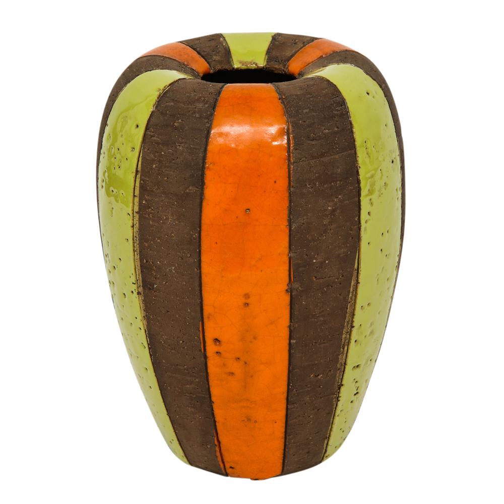 Bitossi vase, ceramic Moorish stripes, Signed. Small to medium scale rounded and tapered vase, from Aldo Londi's Moorish Stripes series, with chartreuse and orange glazed verticals stripes over a coarse brown clay body. Signed on the underside,