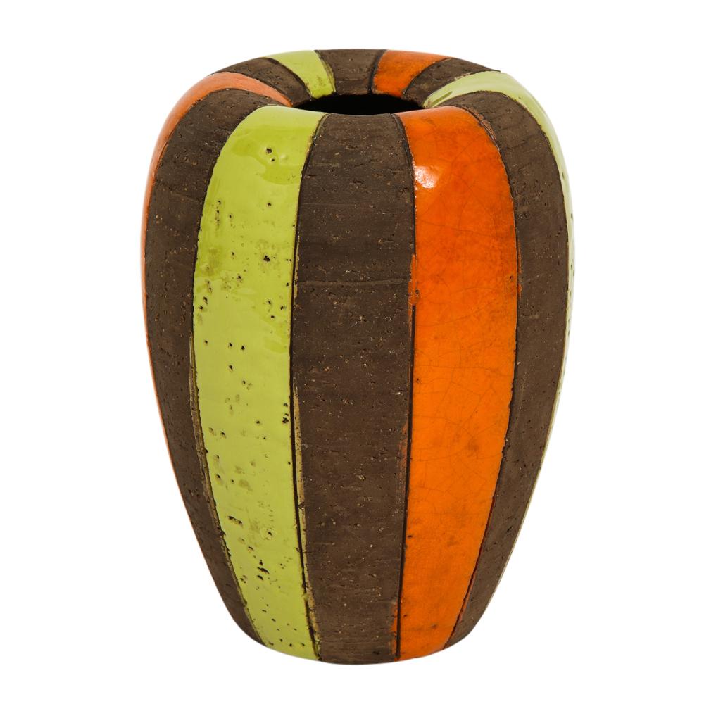 Mid-Century Modern Bitossi Vase, Ceramic Moorish Stripes, Chartreuse, Orange, Brown Signed For Sale