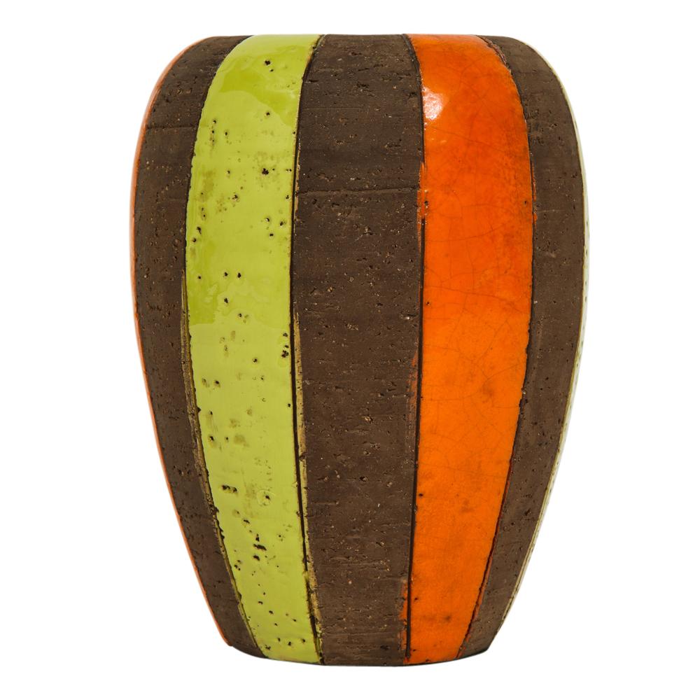 Italian Bitossi Vase, Ceramic Moorish Stripes, Chartreuse, Orange, Brown Signed For Sale