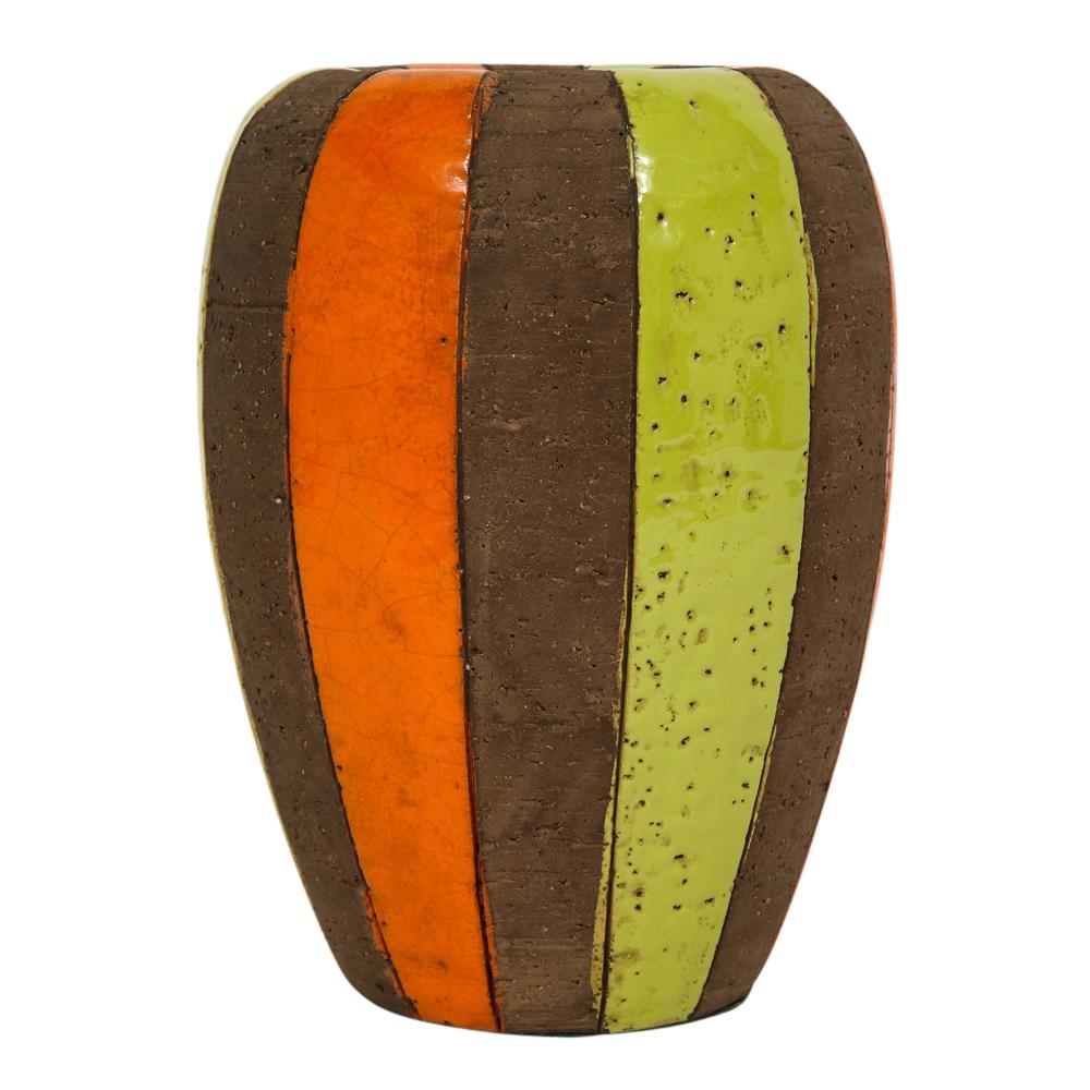 Glazed Bitossi Vase, Ceramic Moorish Stripes, Chartreuse, Orange, Brown Signed For Sale