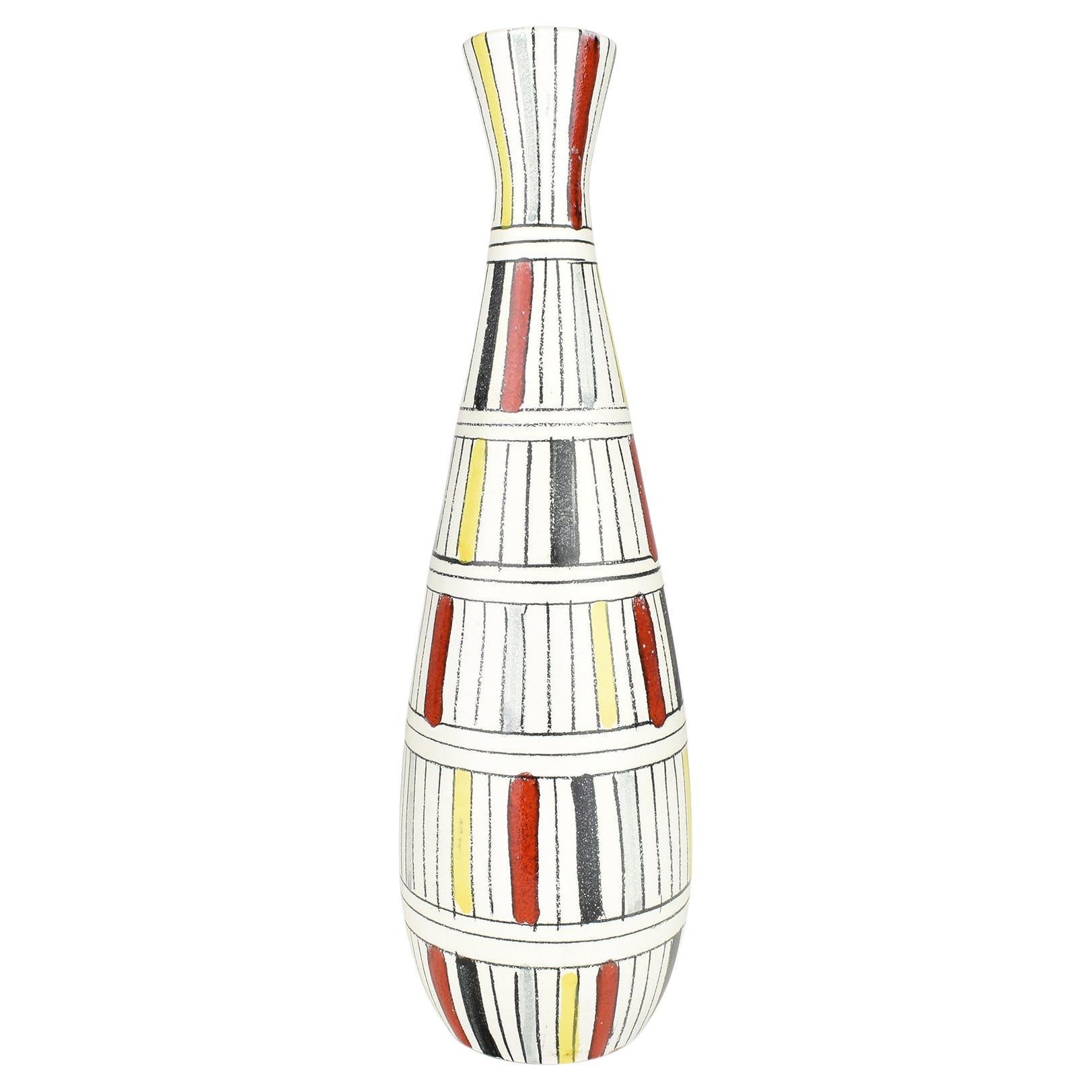 Pre-owned Bitossi Italian Ceramic Vase With Geometric Stripes, Signed, Mid-century In Sand