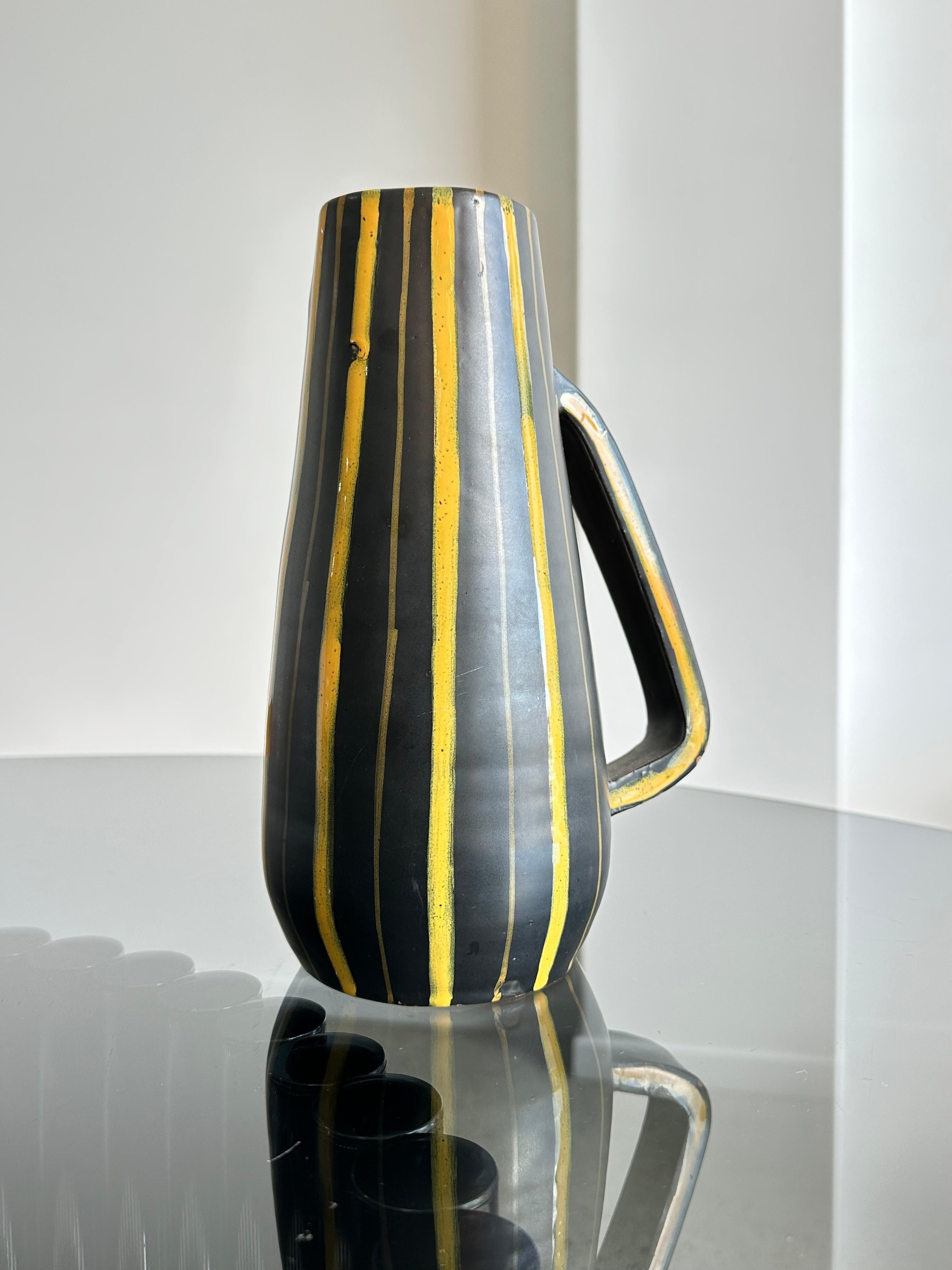 Italian Bitossi glazed ceramic vase with yellow an black stripes. 