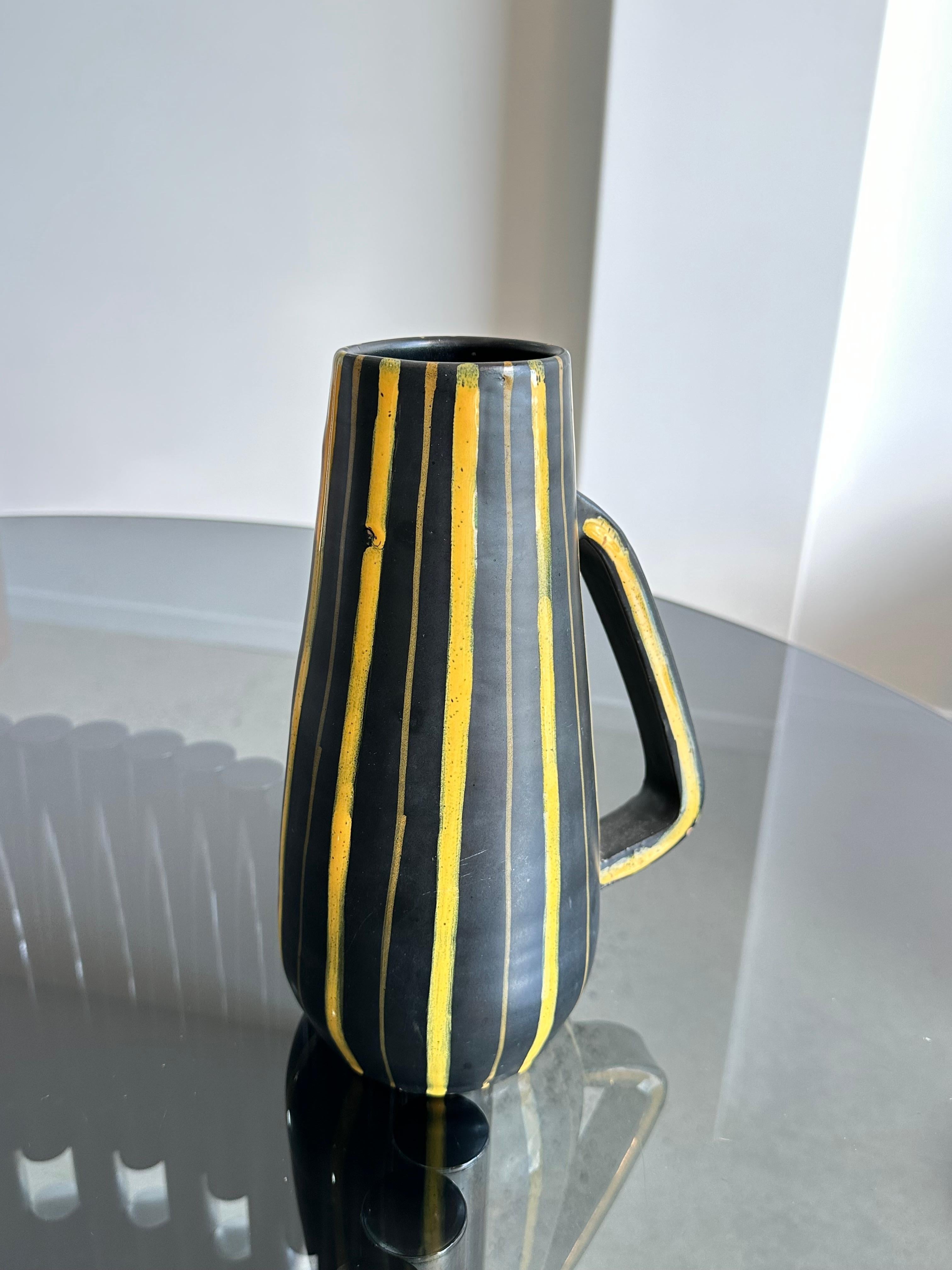 Mid-Century Modern Bitossi  Italian Glazed Ceramic Vase Yellow and Black Stripes 1960s