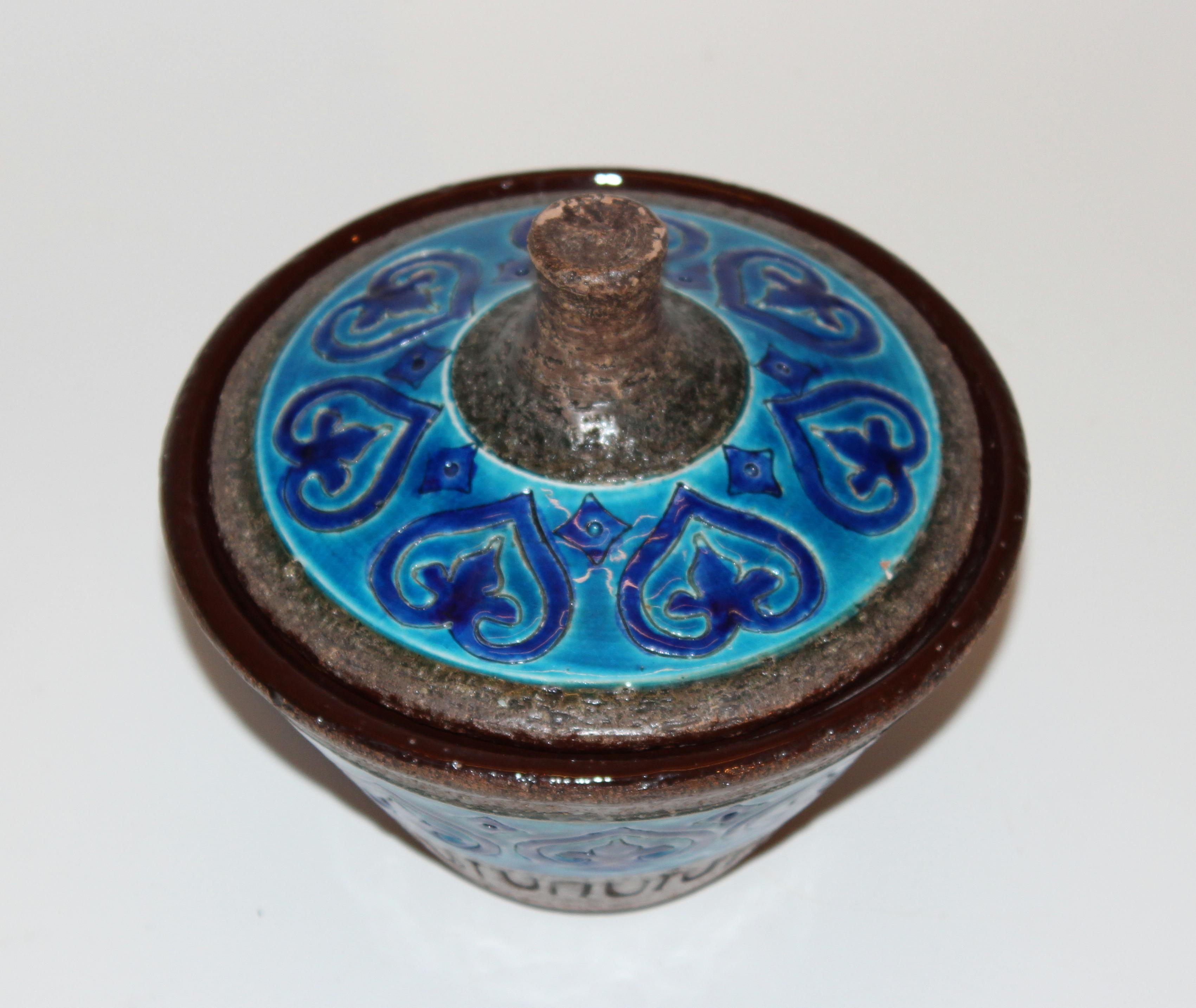Turned Bitossi Italian Pottery Raymor Jar and Cover Vintage Rimini Blue Londi Ceramic