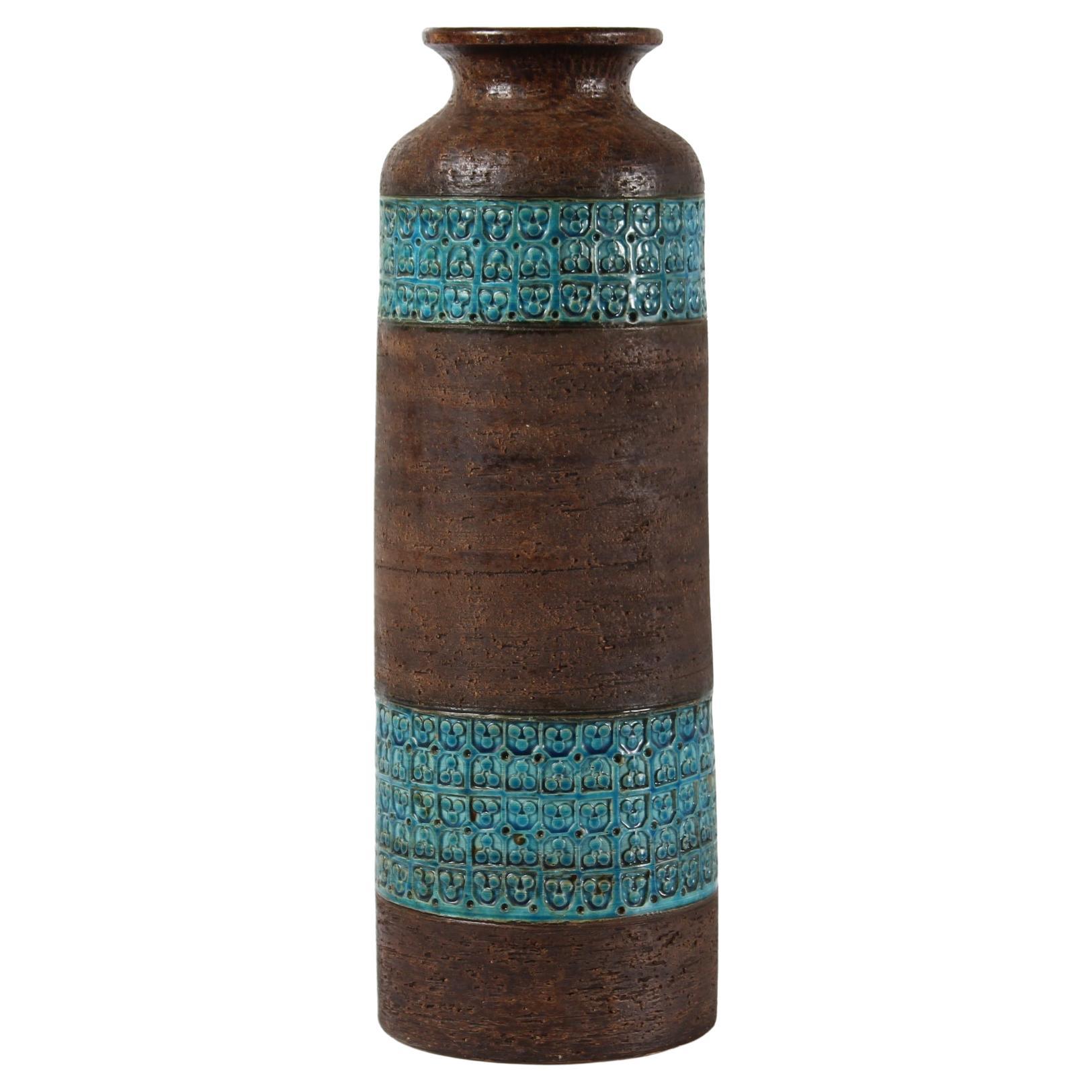 Bitossi Italy Tall Slim Floor Vase Turquoise and Brown by Aldo Londi, 1960s