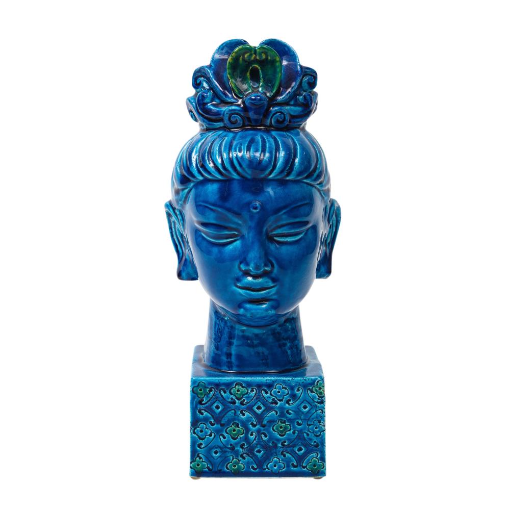 Bitossi Kwan Yin Buddha, ceramic, blue, green. Beautiful Kwan Yin bust glazed in dark blue with a hint of green in her tiara. Her base is decorated with psychedelic blue, green paisley pattern. 
According to one legend, Kwan Yin was an Indian