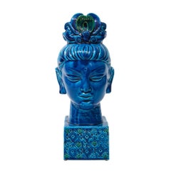 Aldo Londi Bitossi Kwan Yin Buddha, Ceramic, Bust, Blue, Green