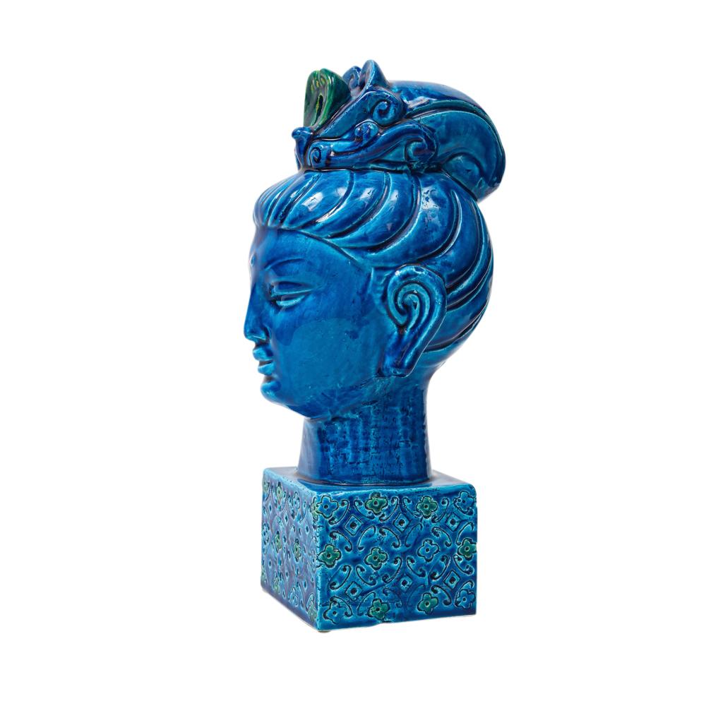 Hand-Crafted Aldo Londi Bitossi Kwan Yin Buddha, Ceramic, Bust, Blue, Green For Sale