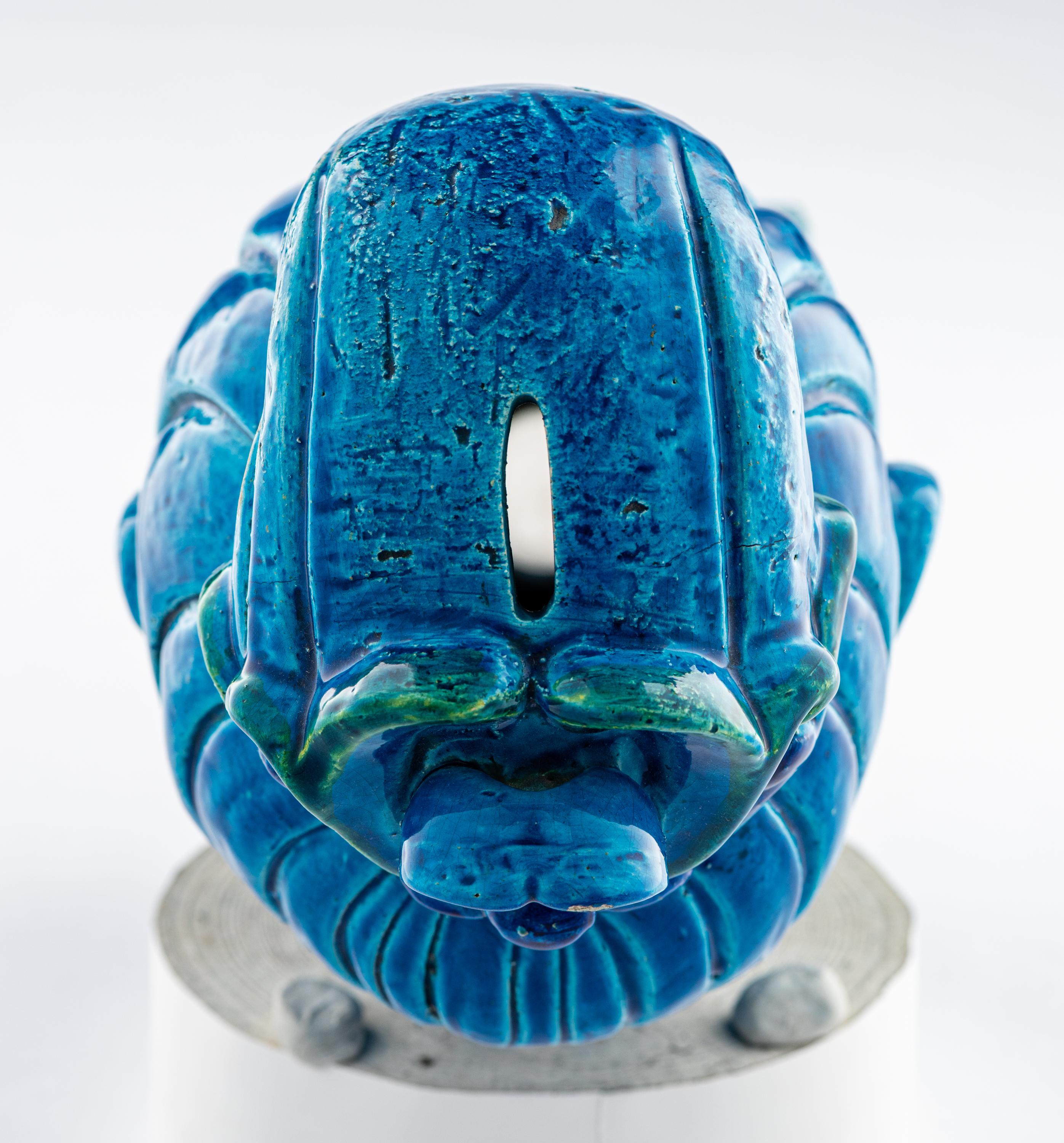 Italian Bitossi Kwan Yin Buddha Coin Bank, Ceramic, Blue, Green Paisley, Signed For Sale