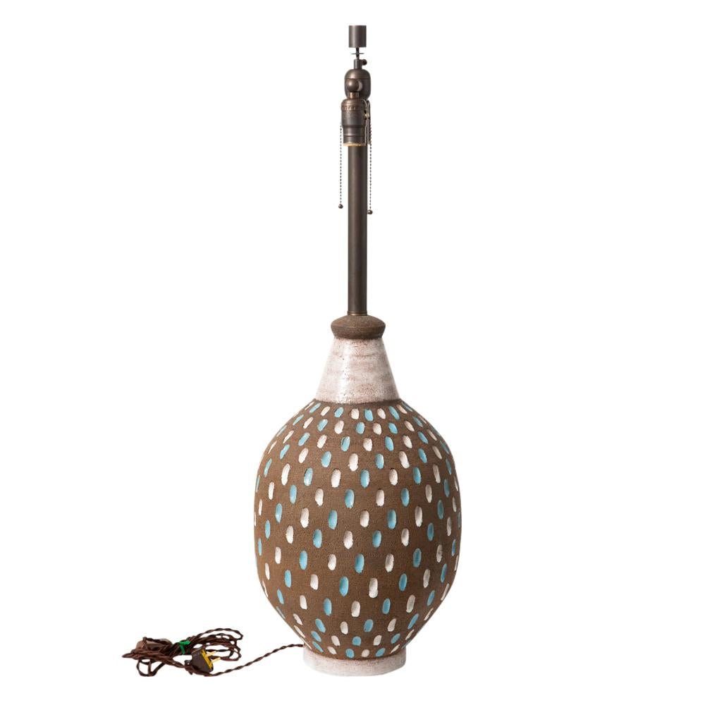 Italian Bitossi Lamp, Ceramic, Brown, White, Blue Speckled, Signed For Sale