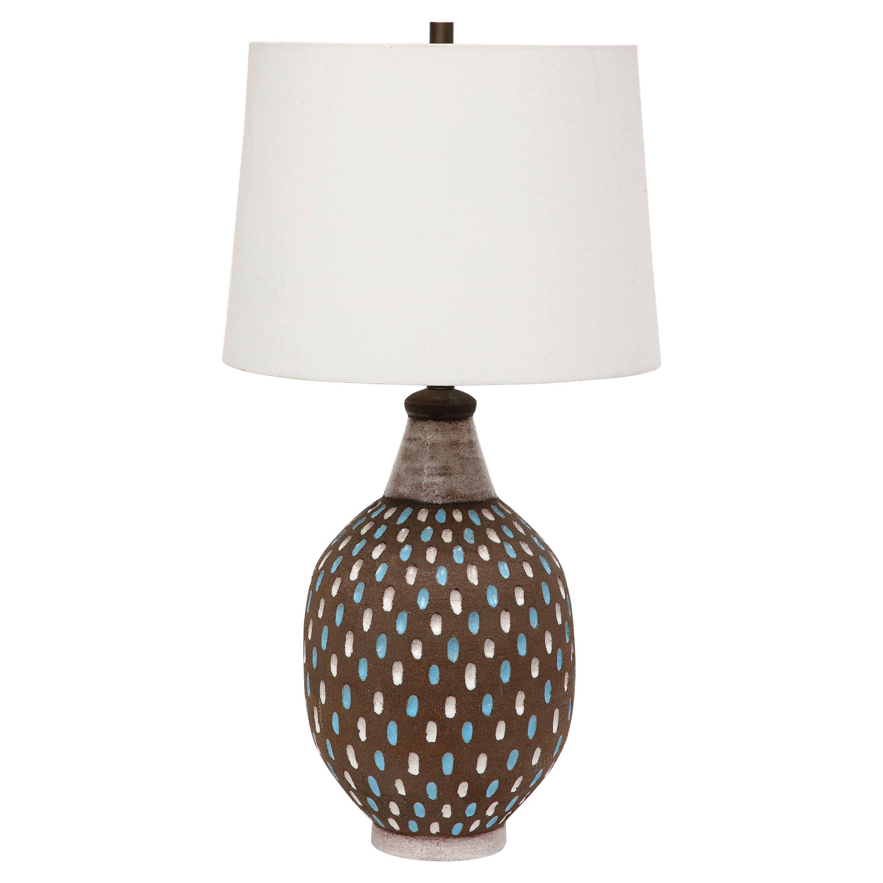 Bitossi Lampe, Keramik, braun, weiß, blau gesprenkelt, signiert