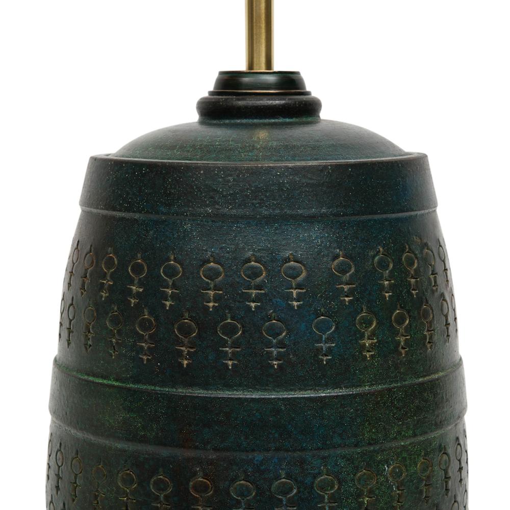 Mid-20th Century Bitossi Lamp, Ceramic, Etruscan Glaze, Impressed, Green, Blue Turquoise, Signed For Sale