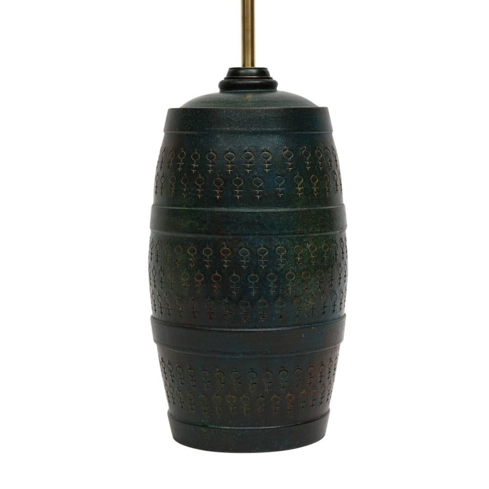 Italian Bitossi Lamp, Ceramic, Etruscan Glaze, Impressed, Green, Blue Turquoise, Signed For Sale