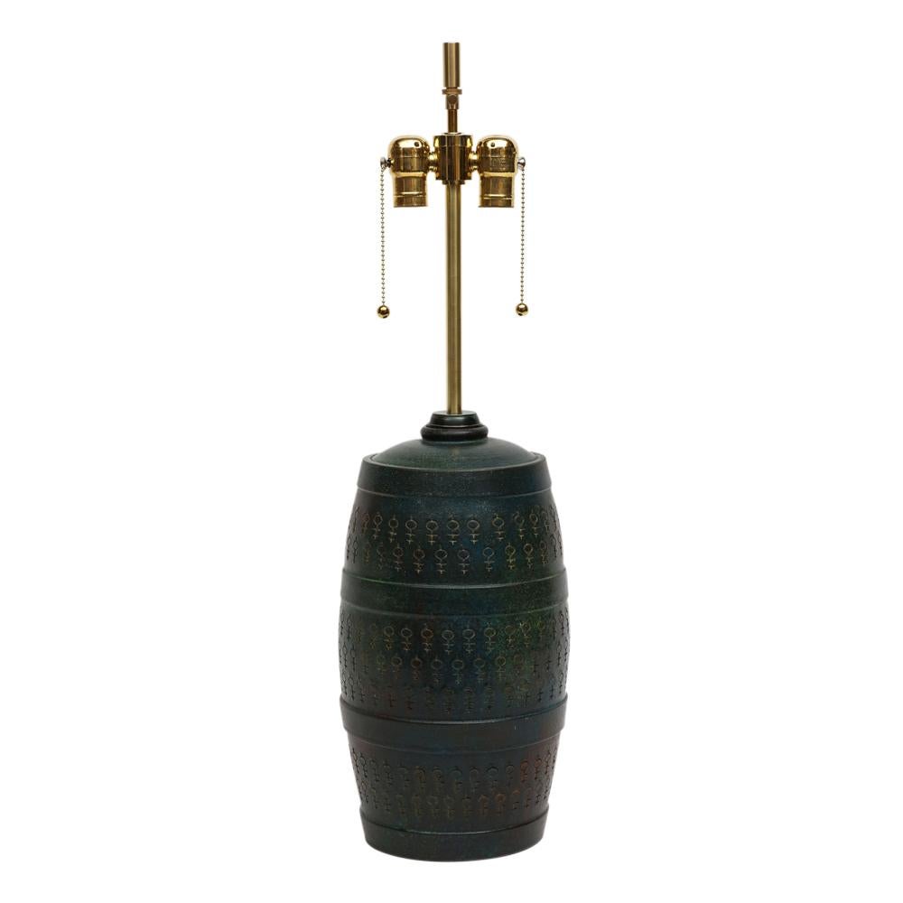 Mid-Century Modern Bitossi Lamp, Ceramic, Etruscan Glaze, Impressed, Green, Blue Turquoise, Signed For Sale