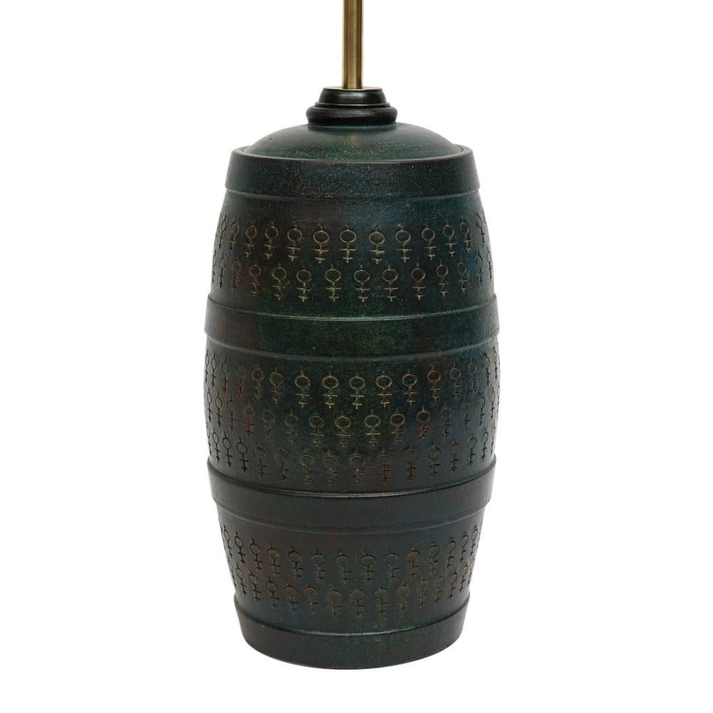 Italian Bitossi Lamp, Ceramic, Etruscan Glaze, Impressed, Green, Blue Turquoise, Signed For Sale