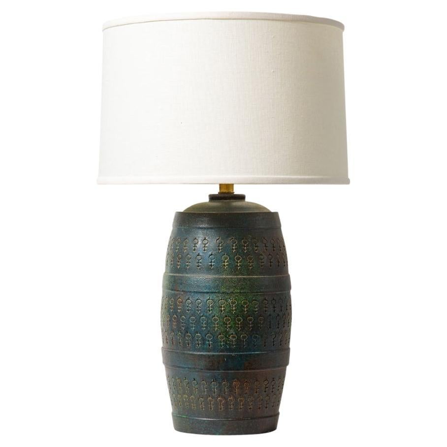 Bitossi Lamp, Ceramic, Etruscan Glaze, Impressed, Green, Blue Turquoise, Signed For Sale