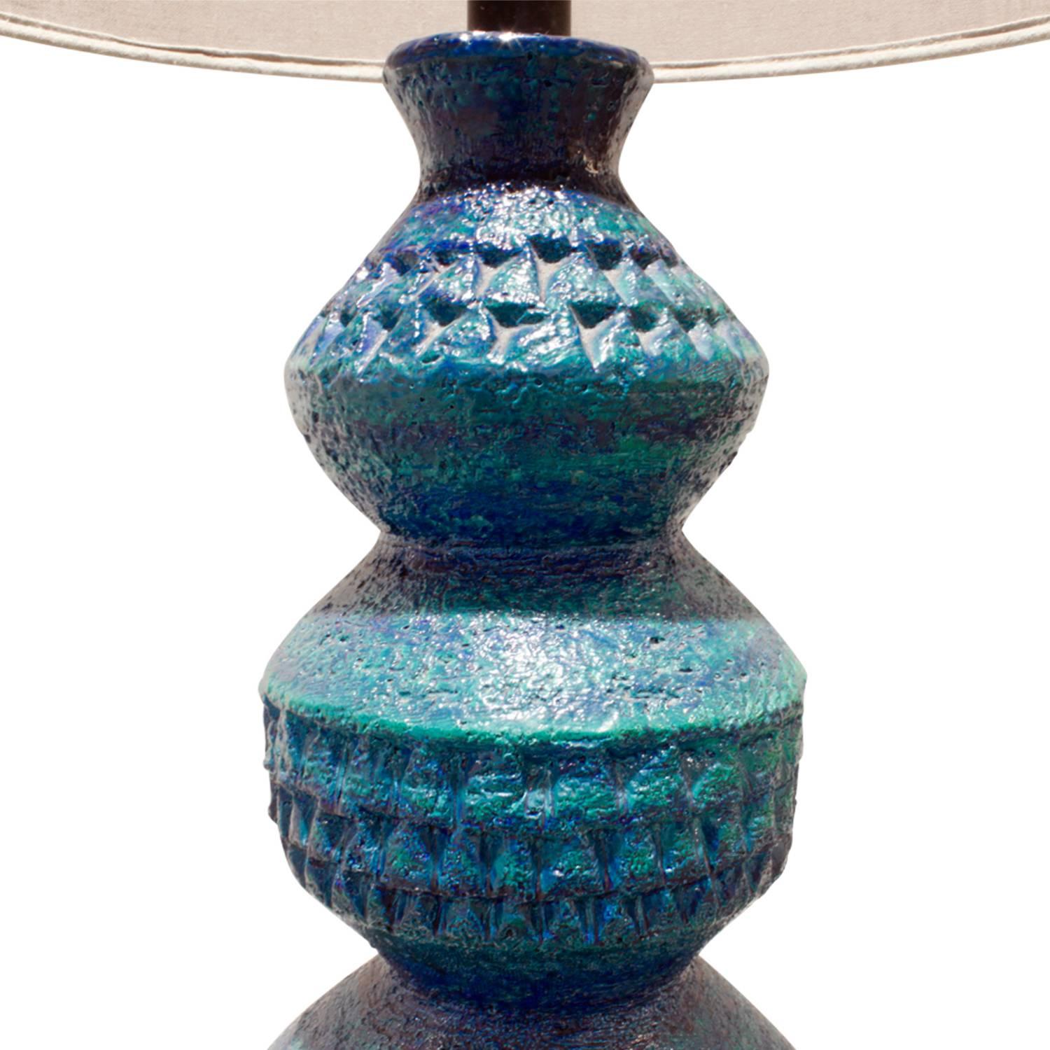 Mid-Century Modern Bitossi Large Textural Blue Studio Made Ceramic Table Lamp, 1950s For Sale