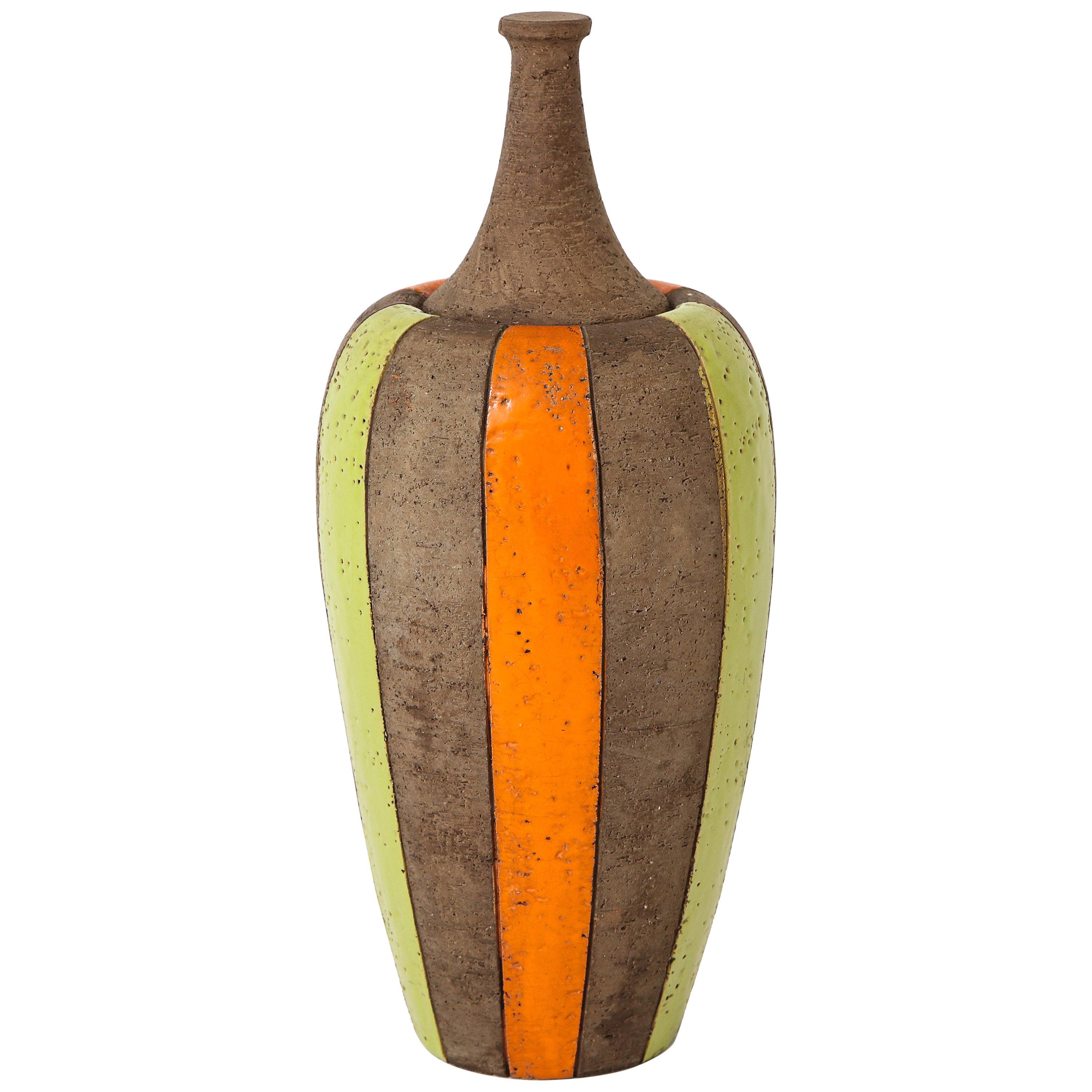 Bitossi Lidded Vase, Ceramic, Moorish Stripes, Chartreuse and Orange, Signed