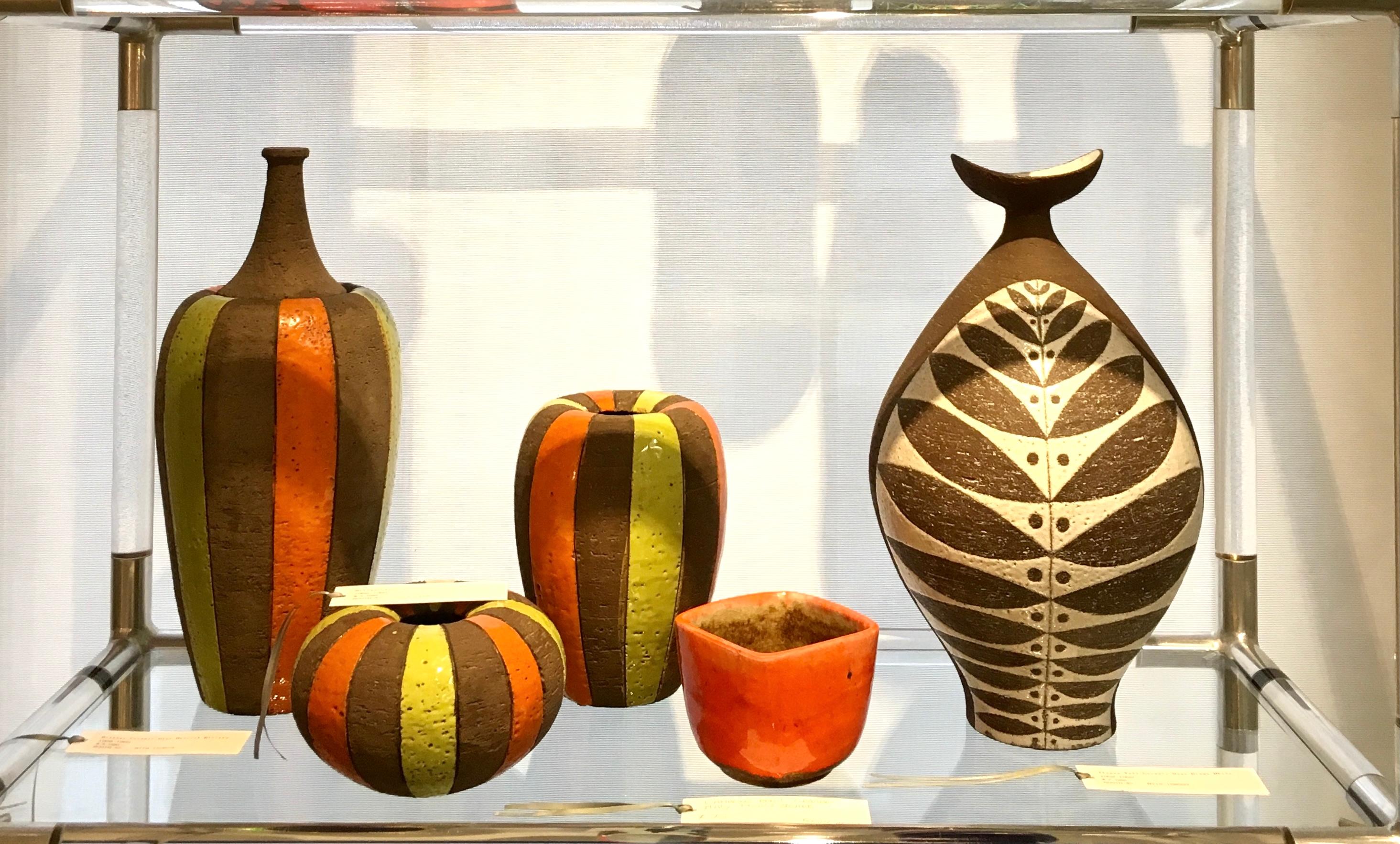 Bitossi-Vase mit Deckel, Keramik, maurische Streifen, Chartreuse und Orange, signiert (Mitte des 20. Jahrhunderts) im Angebot