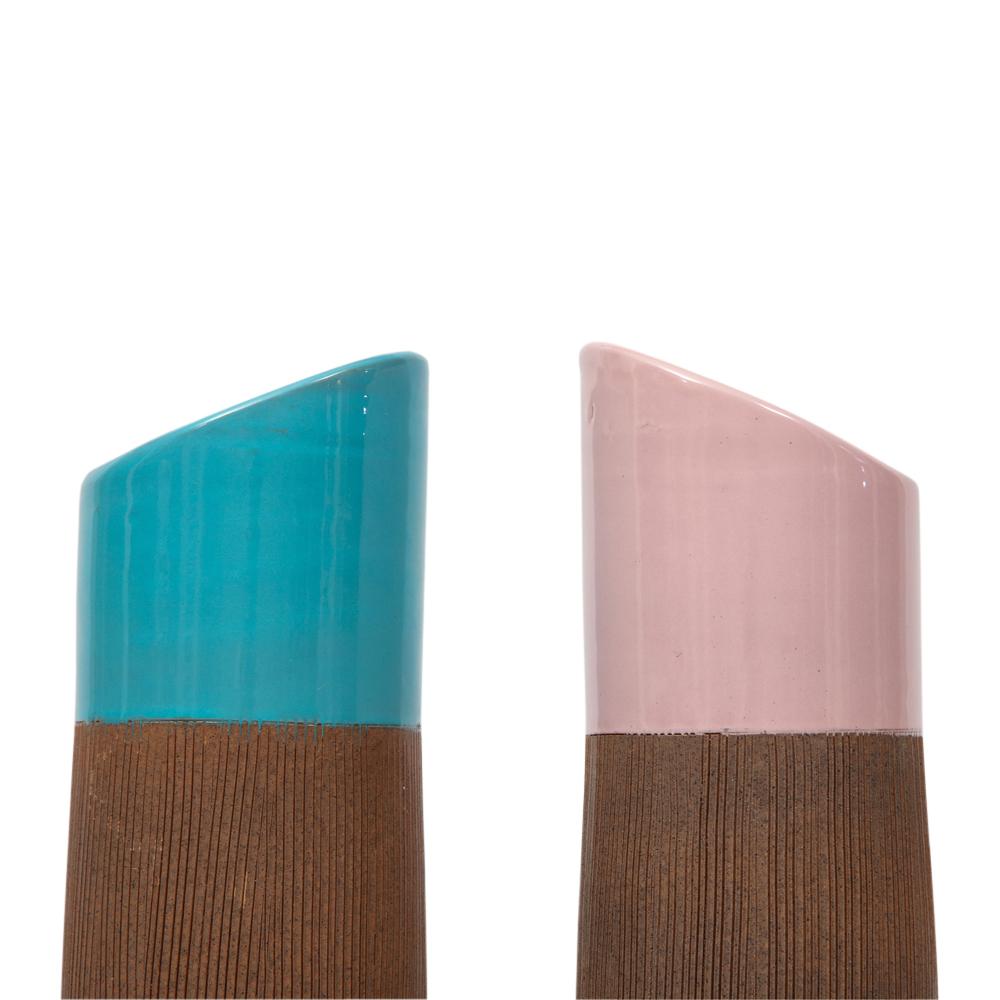 Bitossi Vases, Ceramic, Pink, Blue, Ribbed, Signed In Good Condition For Sale In New York, NY