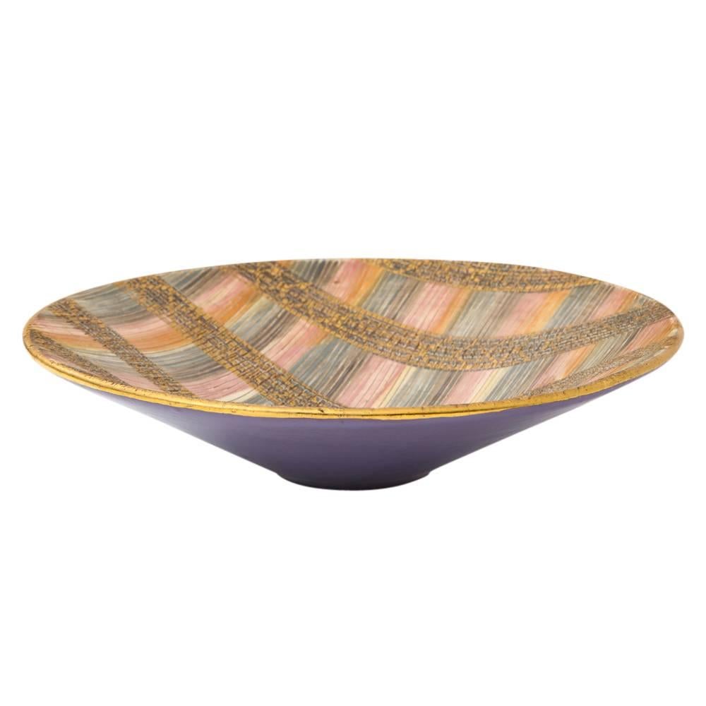 Mid-Century Modern Aldo Londi Bitossi Seta Bowl, Ceramic, Pink, Gold and Blue, Signed