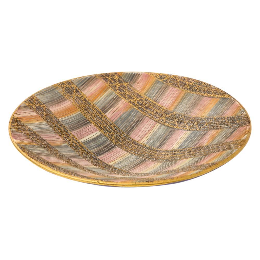 Italian Aldo Londi Bitossi Seta Bowl, Ceramic, Pink, Gold and Blue, Signed